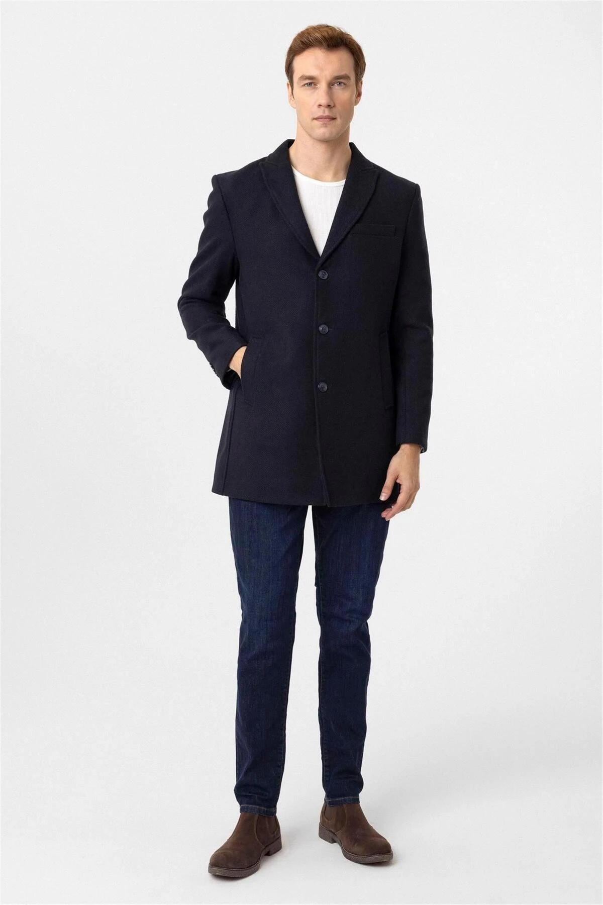 Lacivert Slim Desenli Sivri Yaka Kaban