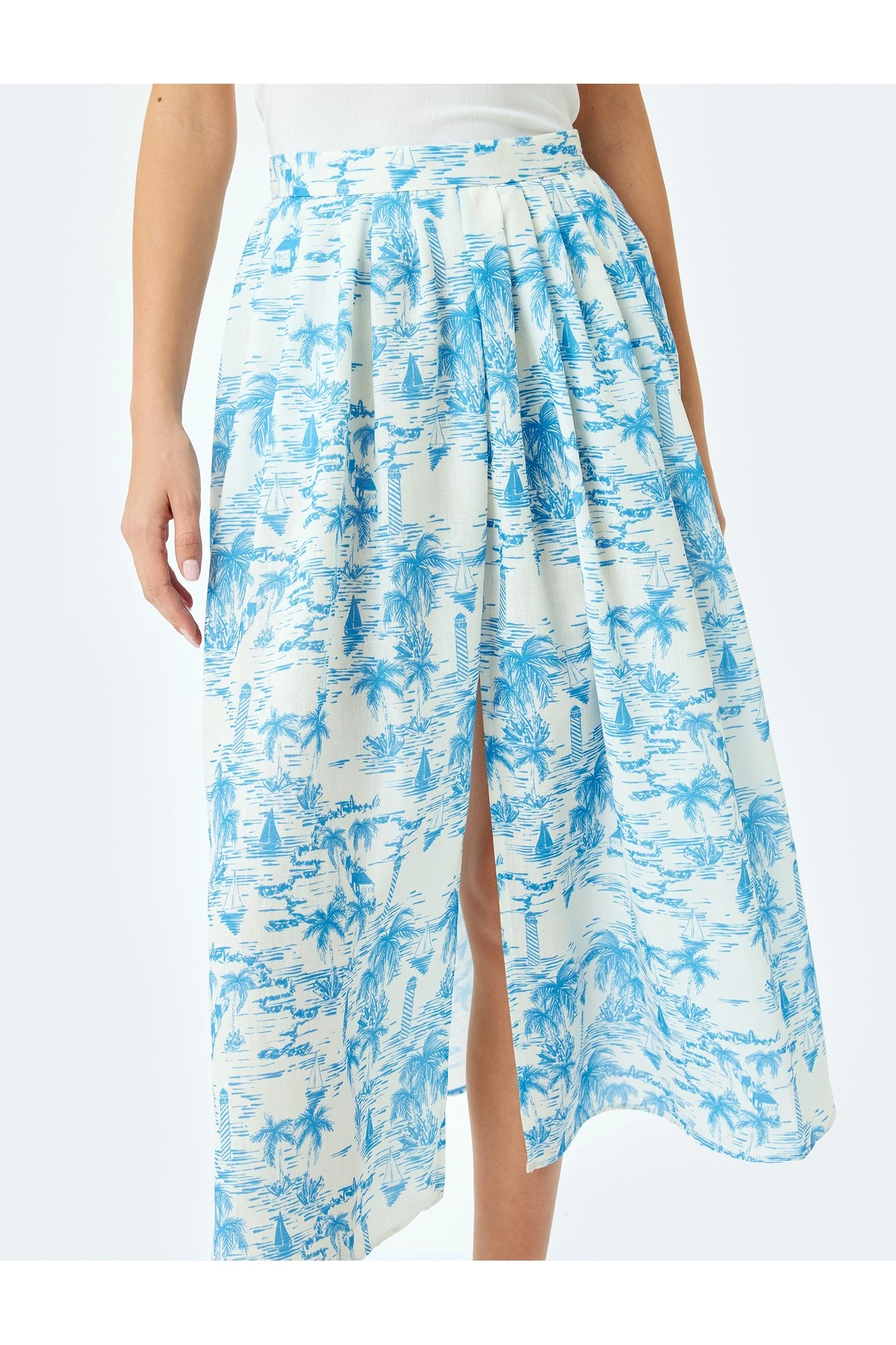 Yüksek Bel Cepli Kloş Midi Boy Çiçekli Etek