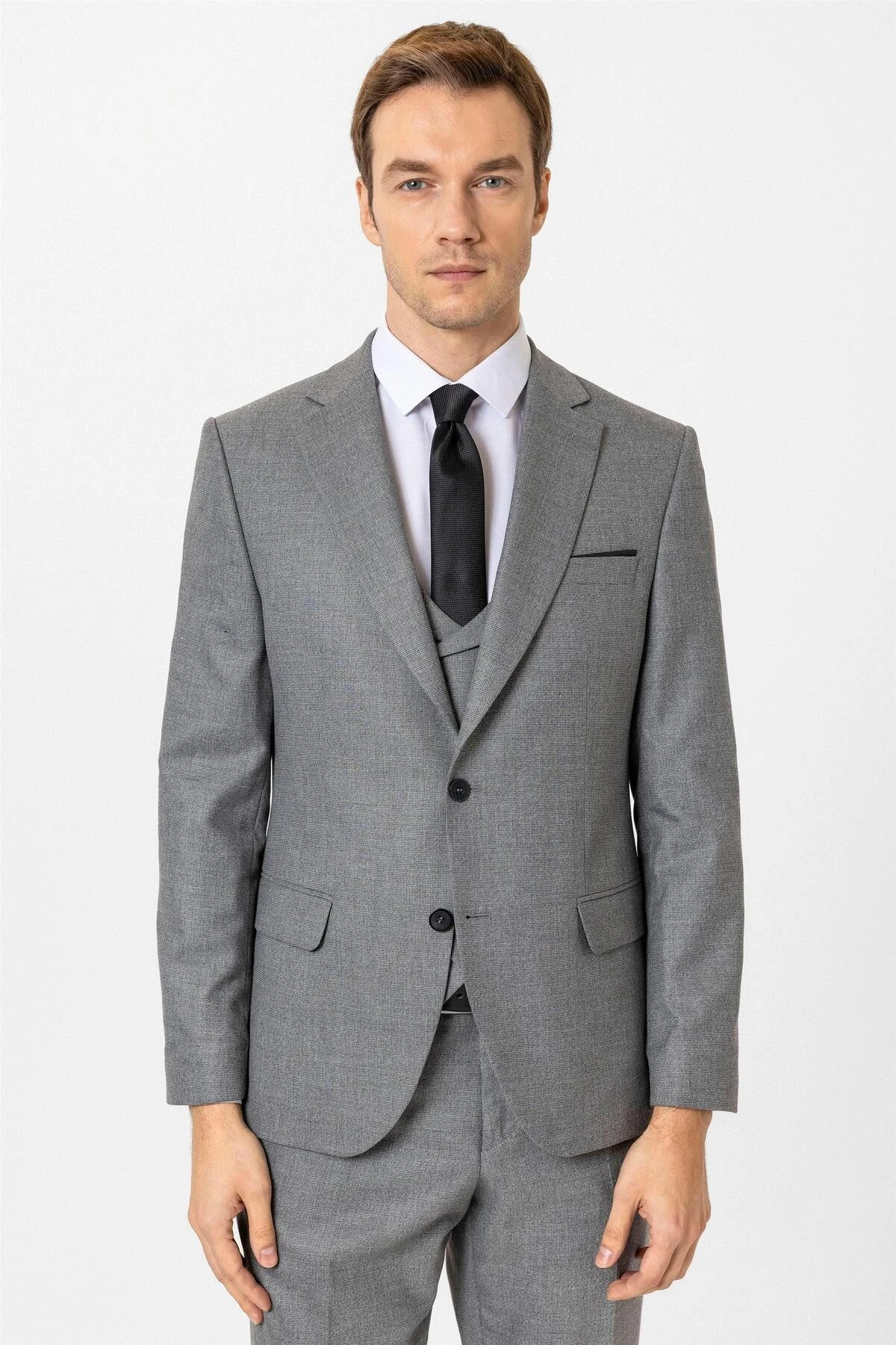 Antrasit Slim Fit Desenli Mono Yaka 6 Drop Yelekli Klasik Takım Elbise