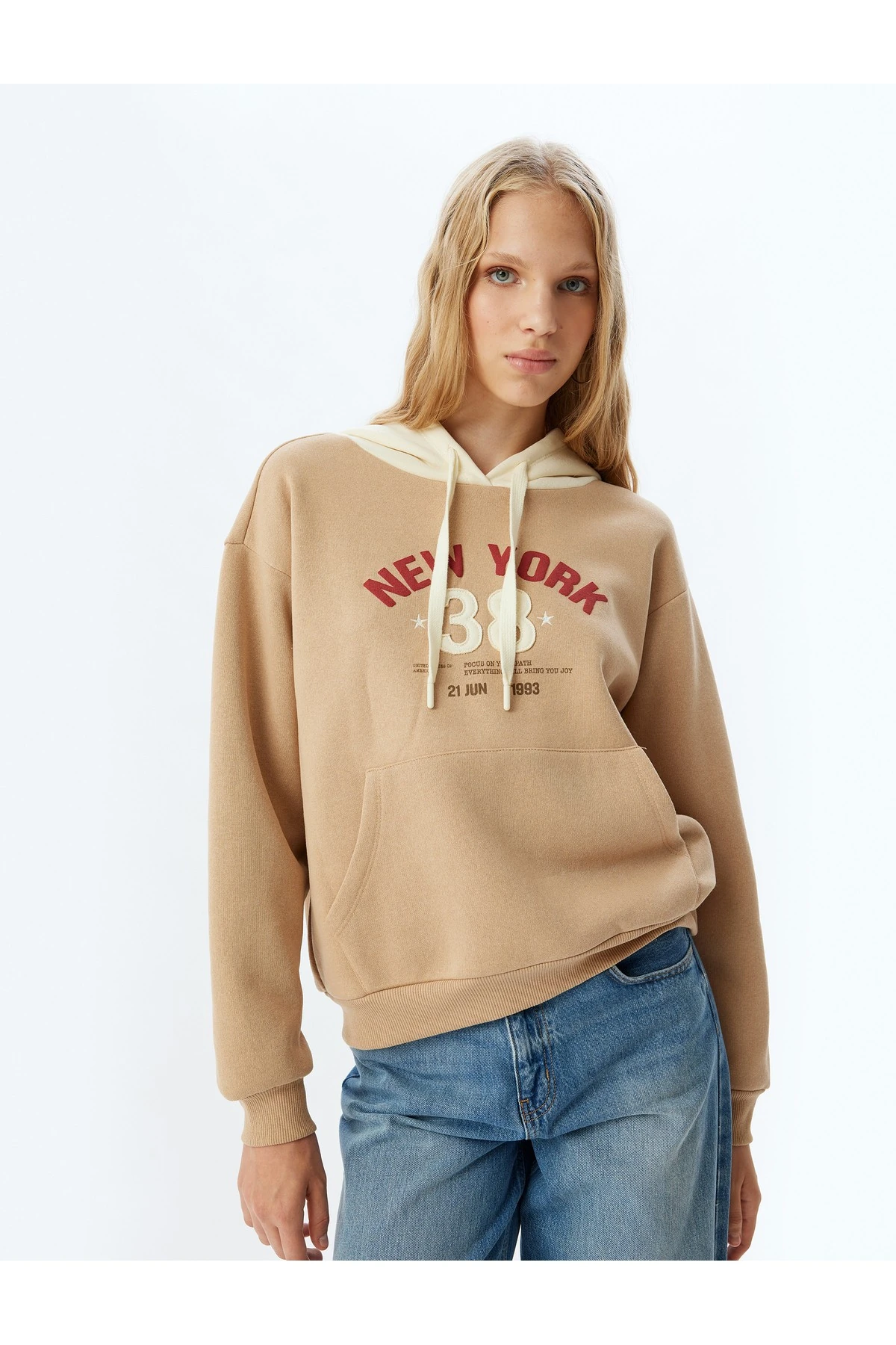 Şardonlu Kolej Sweatshirt Kapüşonlu Baskılı Kanguru Cepli Rahat Kalıp