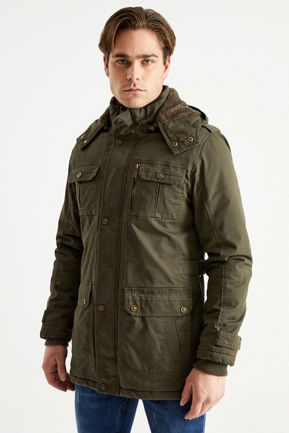 Erkek Askeri Yeşil Kapüşonlu Kürk Astarlı Su Geçirmez Kaplamalı Kalın Kaban