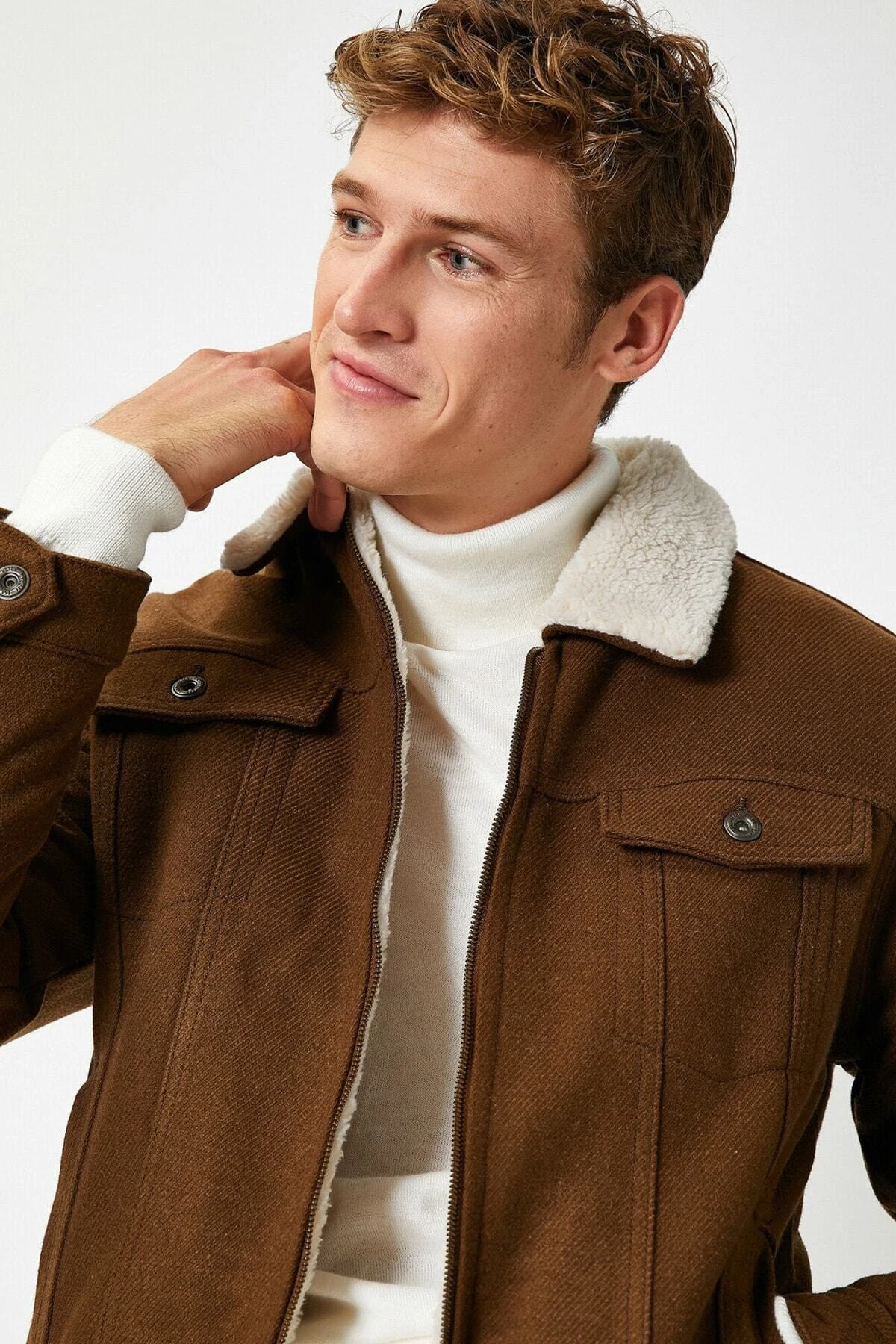 Suni Kürk Detaylı Fermuarlı Cepli Ceket