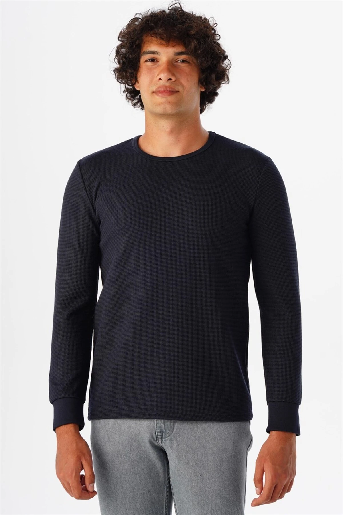 Süvari O Yaka Uzun Kol Lacivert Waffle Desenli Slim Fit Erkek Triko