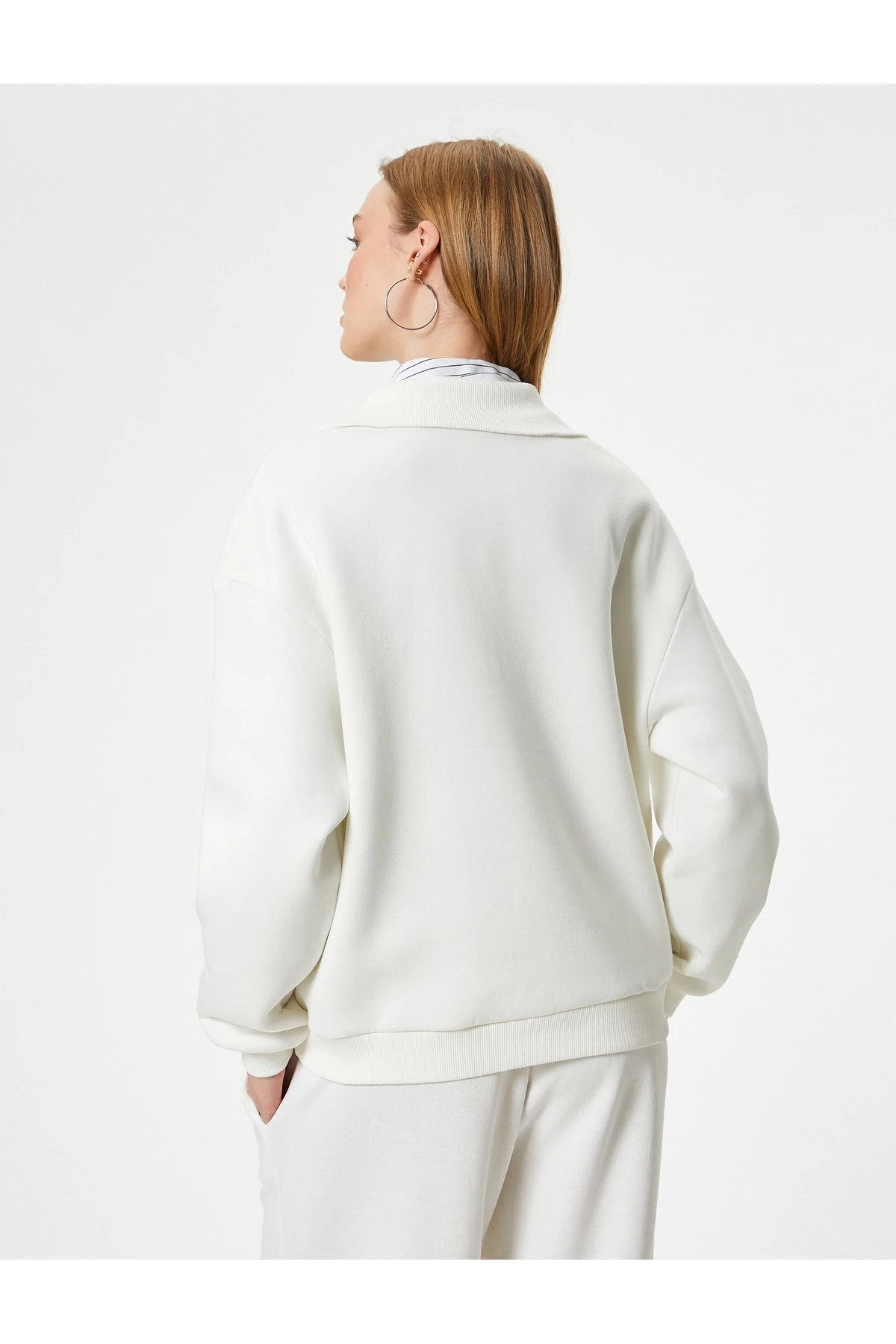 Şardonlu Kolej Sweatshirt Baskılı Yarım Fermuarlı Relax Fit İşlemeli Ribanalı