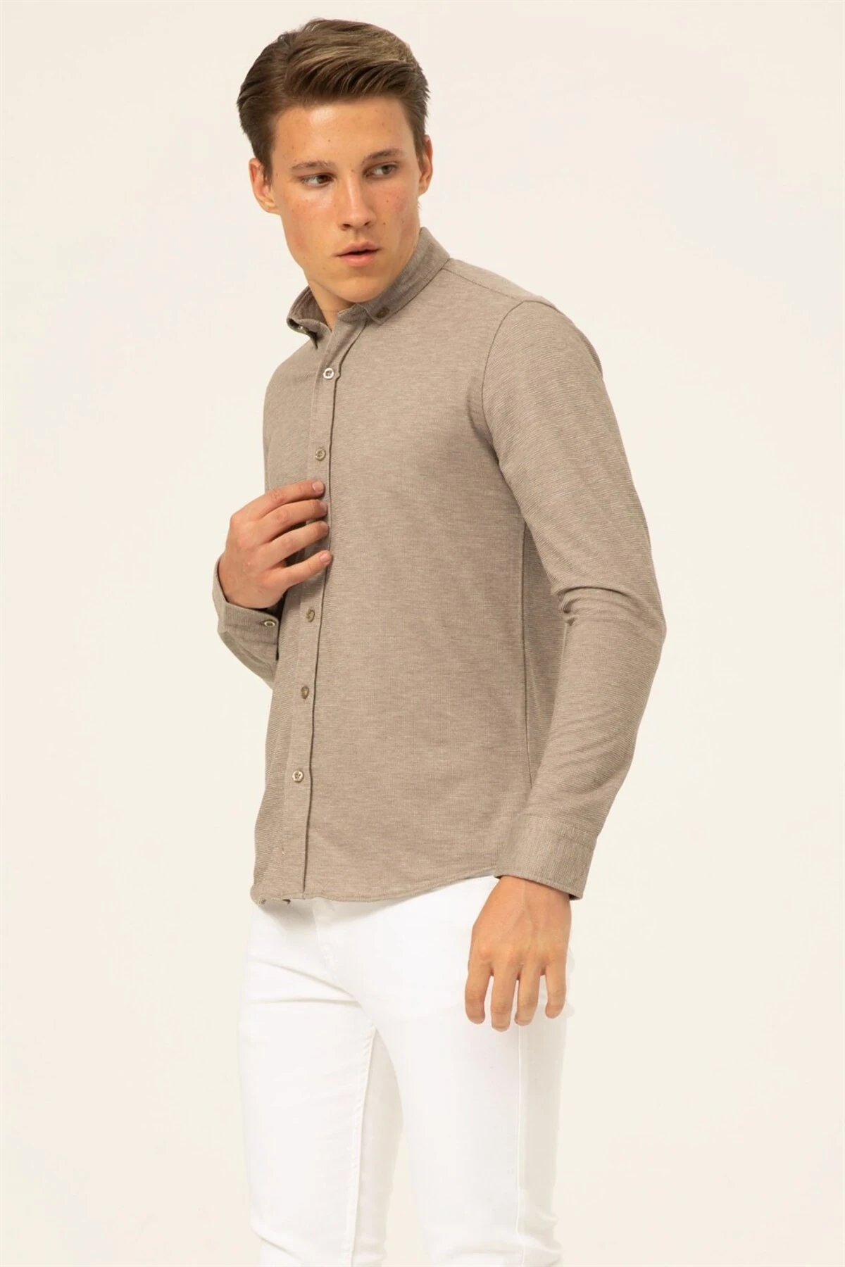 Süvari Slim Fit Uzun Kol Jakarlı Örme Bej Erkek Gömlek