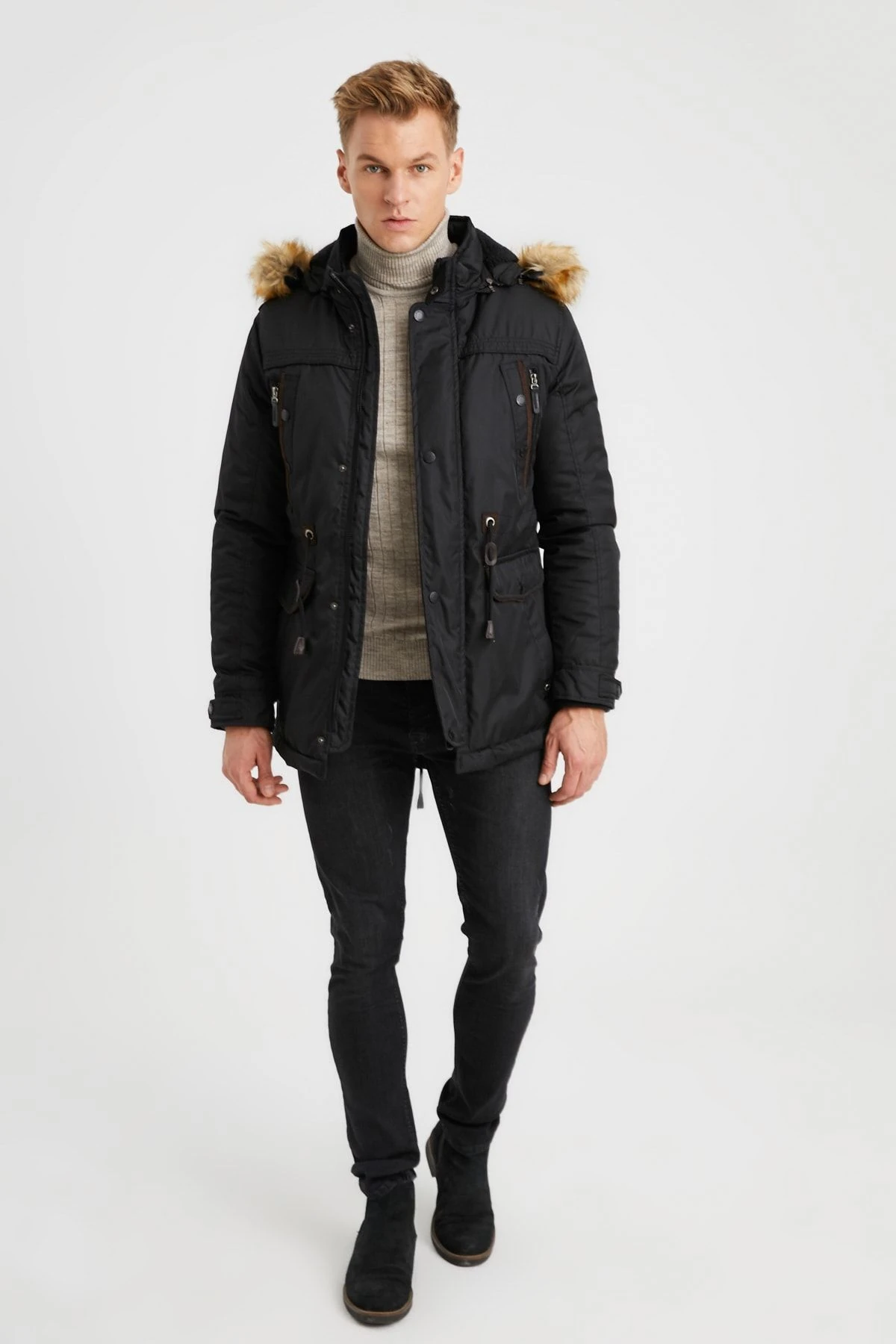 Erkek Siyah Kapüşonlu Kürk Astarlı Su Geçirmez Kalın Kaban