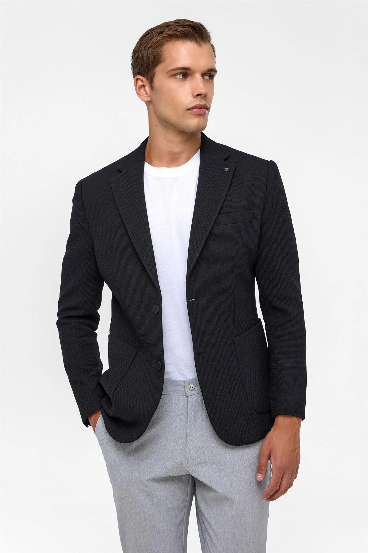 Siyah Slim Fit Desenli Mono Yaka 6 Drop Ceket