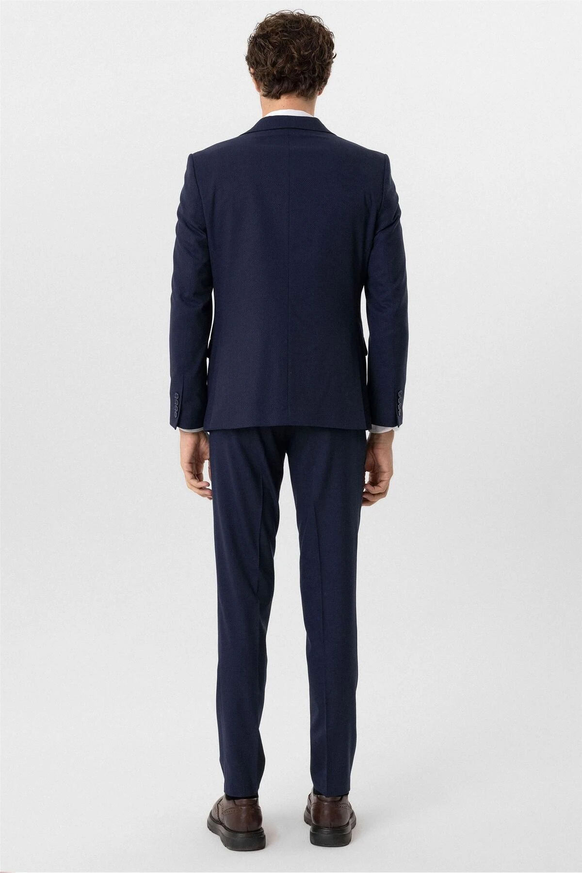 Lacivert Slim Fit Desenli Sivri Yaka 6 Drop Yelekli Klasik Takım Elbise