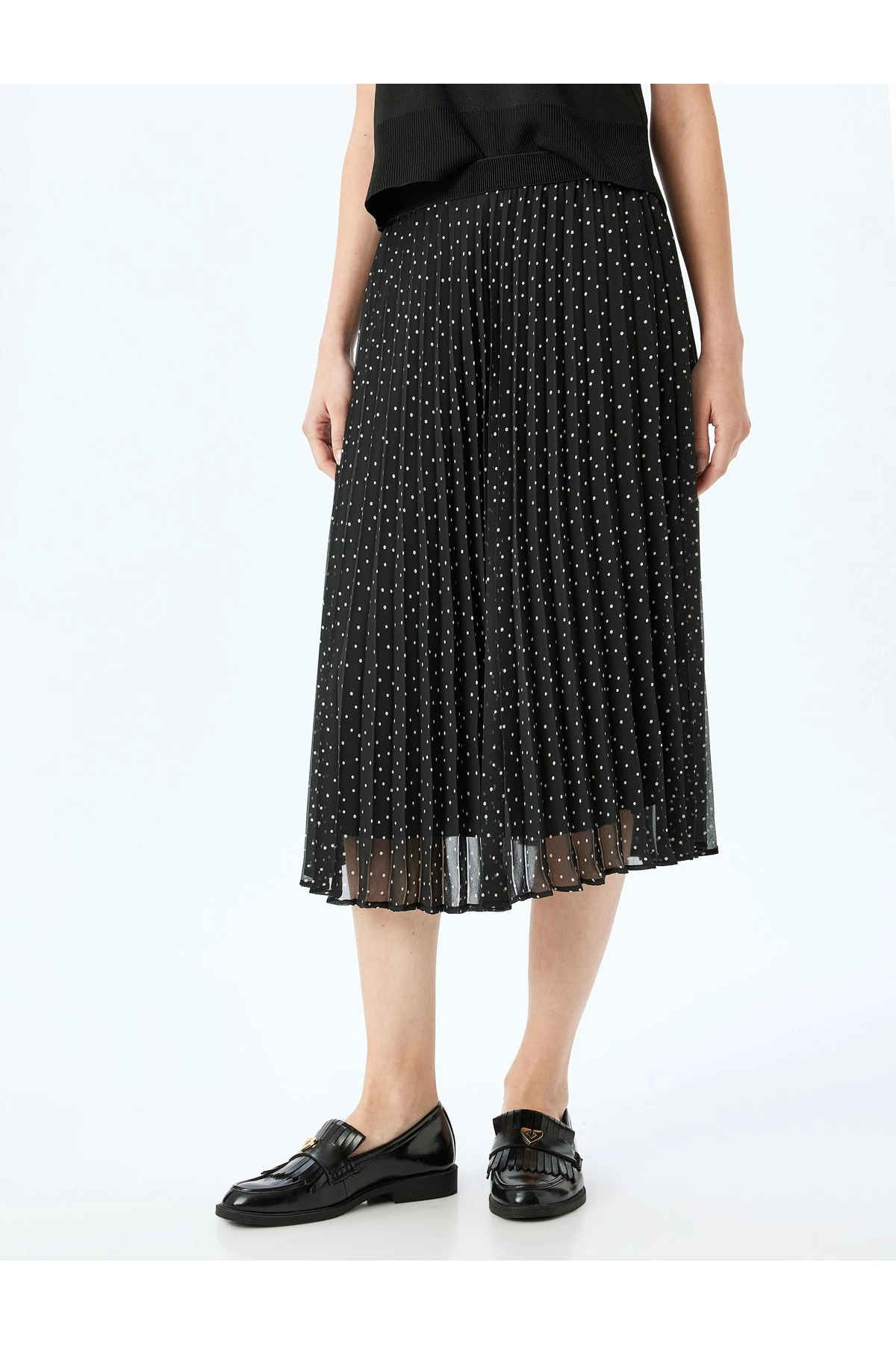 Astarlı Yüksek Bel Puantiyeli Midi Boy Pileli Şifon Etek