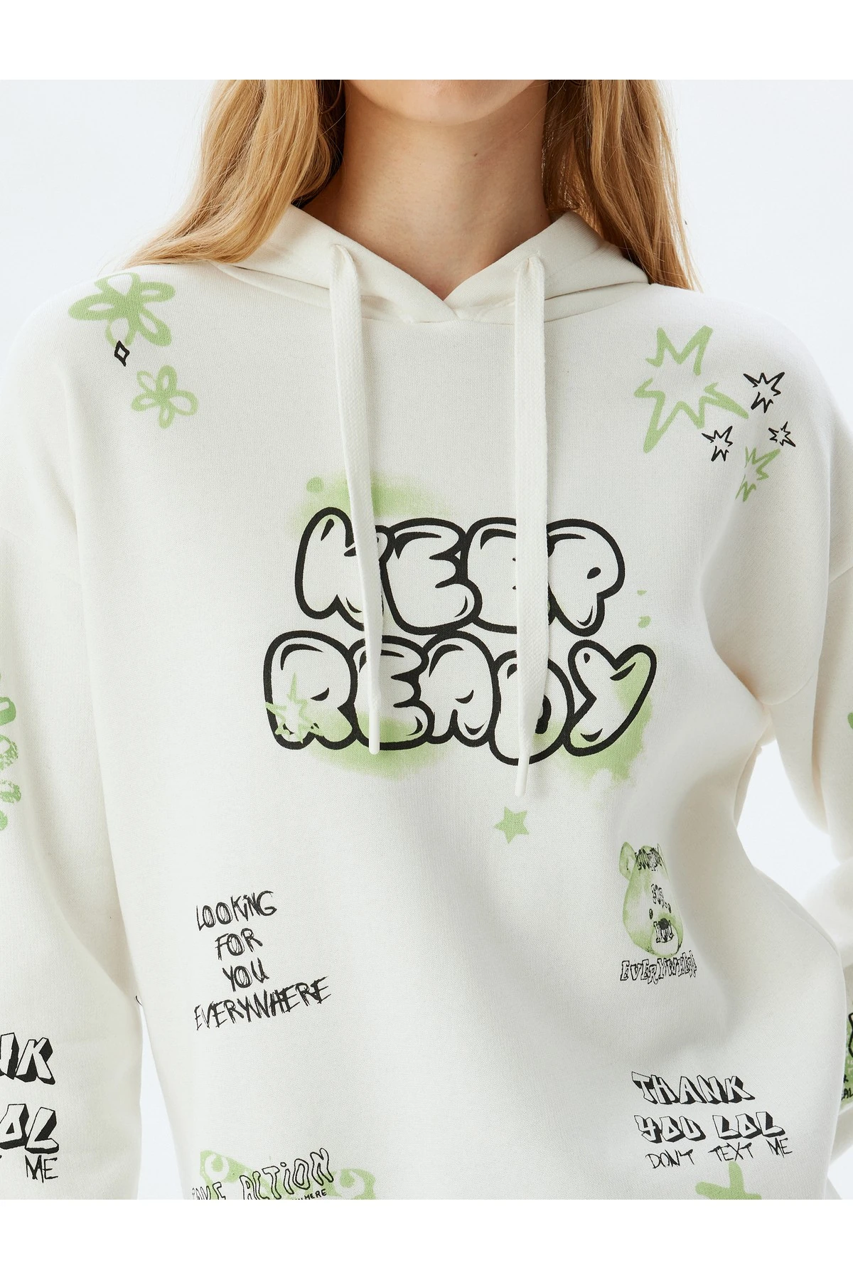 Şardonlu Kapüşonlu Sweatshirt Slogan Baskılı Rahat Kalıp