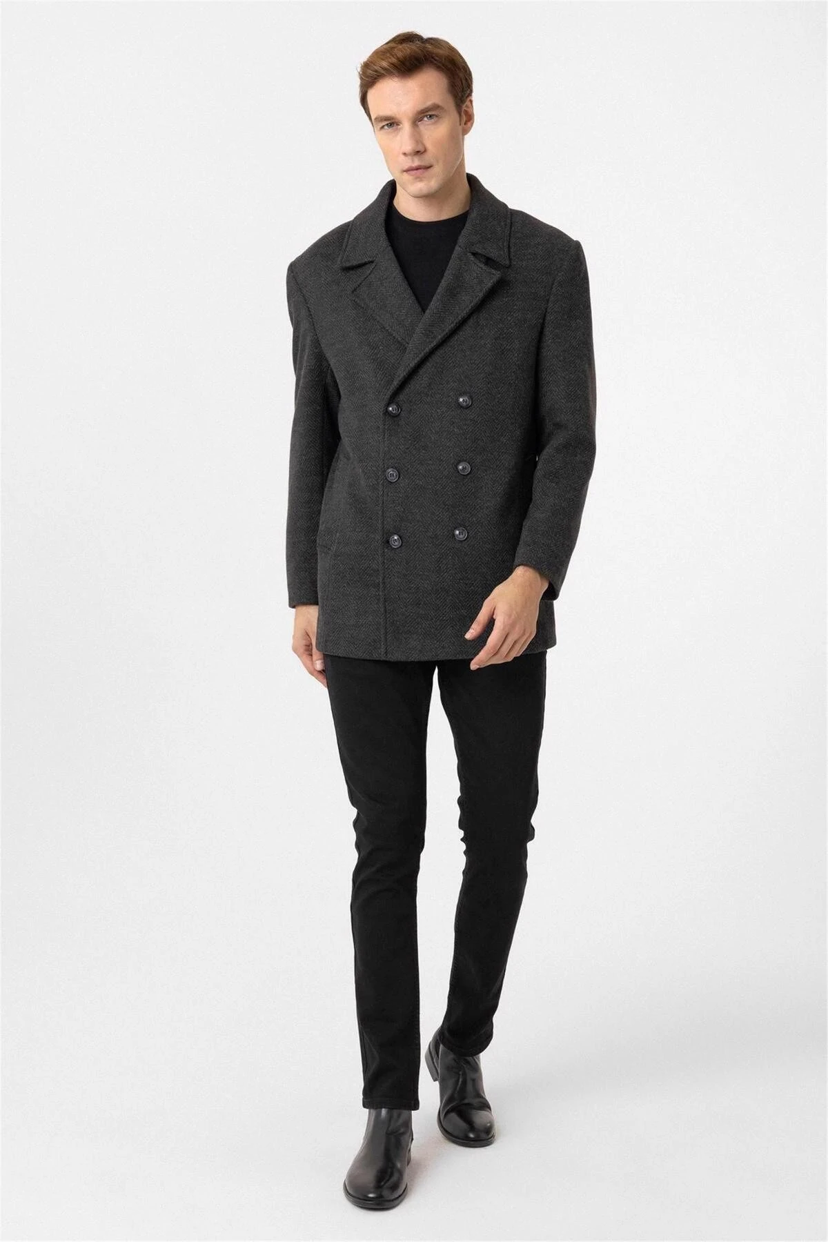 Süvari Slim Balıksırtı Desenli Gri Kruvaze Erkek Kaban