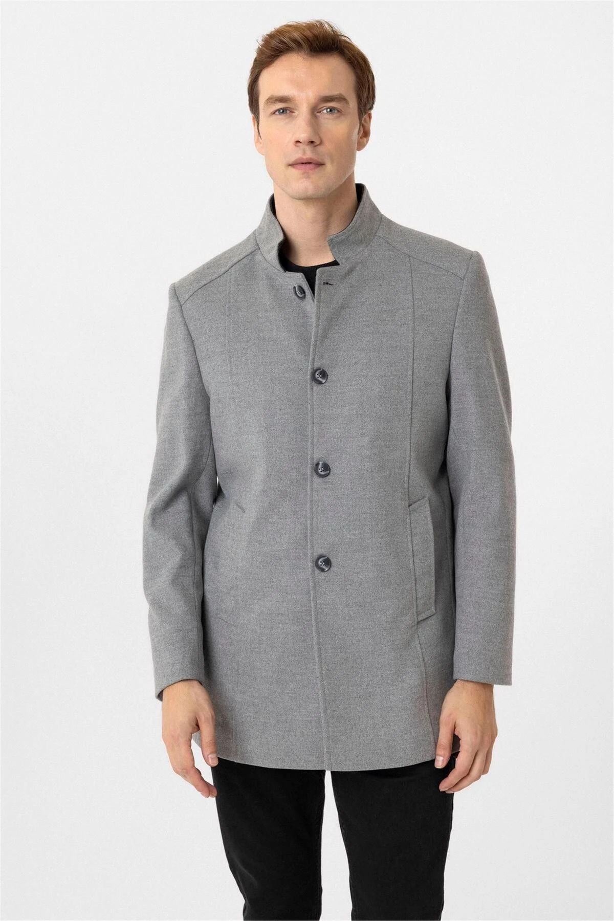 Antrasit Slim Düz Hakim Yaka Kaban