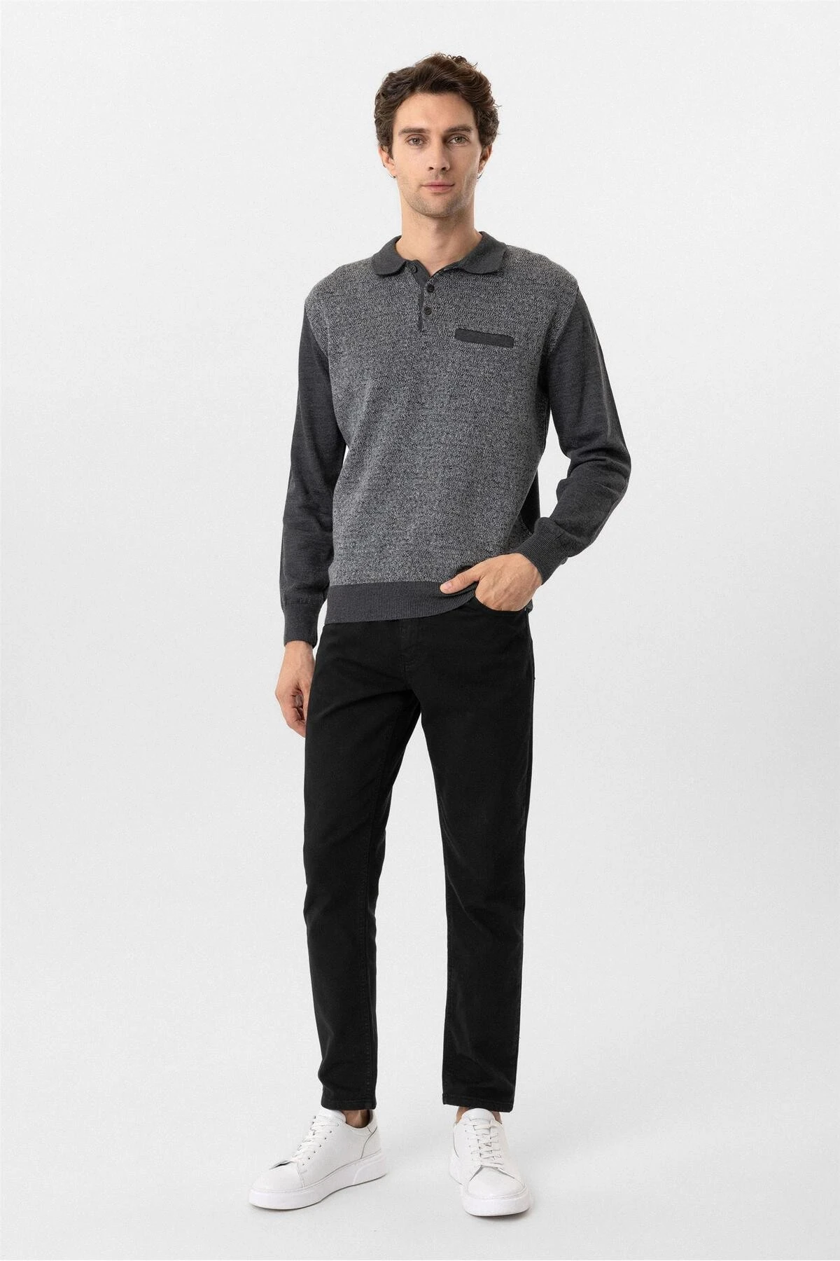 Antrasit Regular Armürlü Polo Yaka Triko