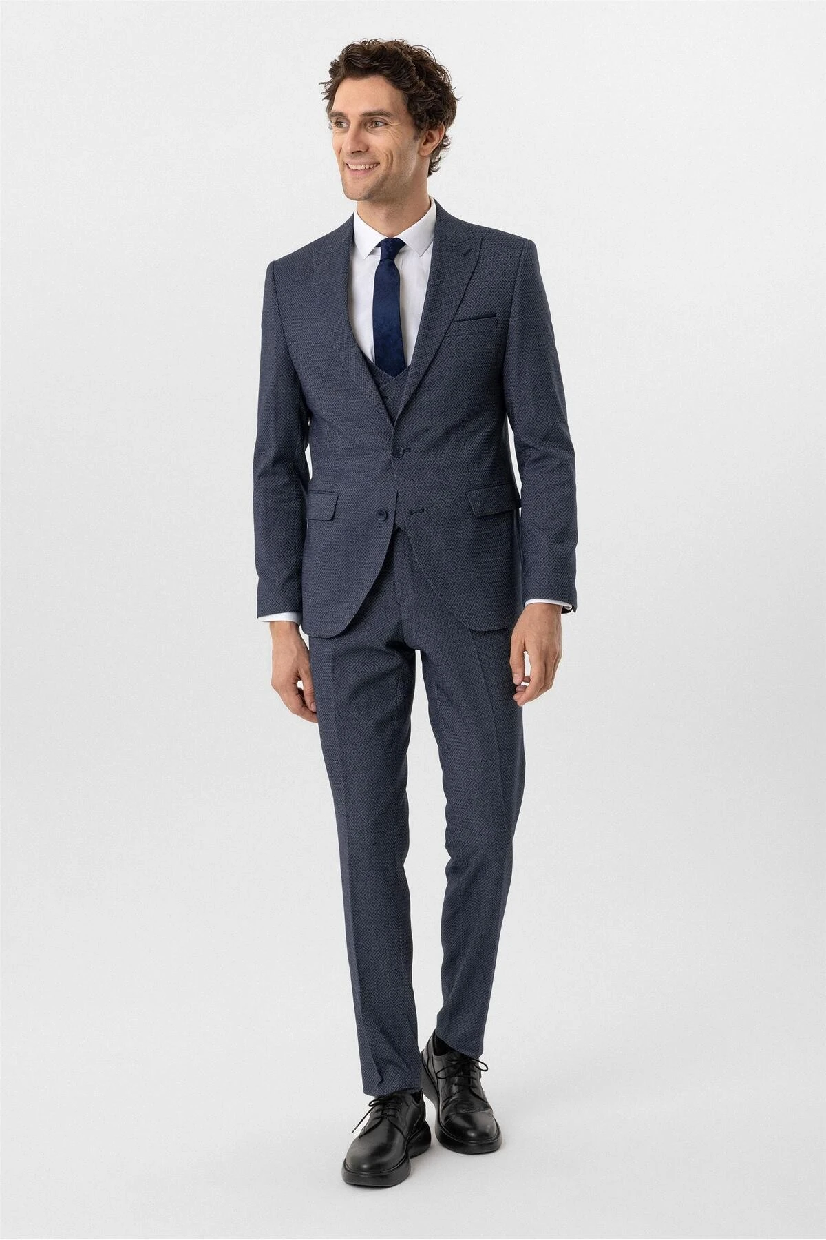 Lacivert Slim Fit Desenli Sivri Yaka 6 Drop Yelekli Klasik Takım Elbise