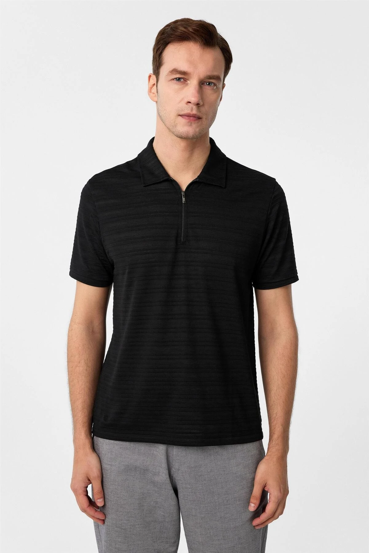 Siyah Slim Fitilli Polo Yaka Tişört