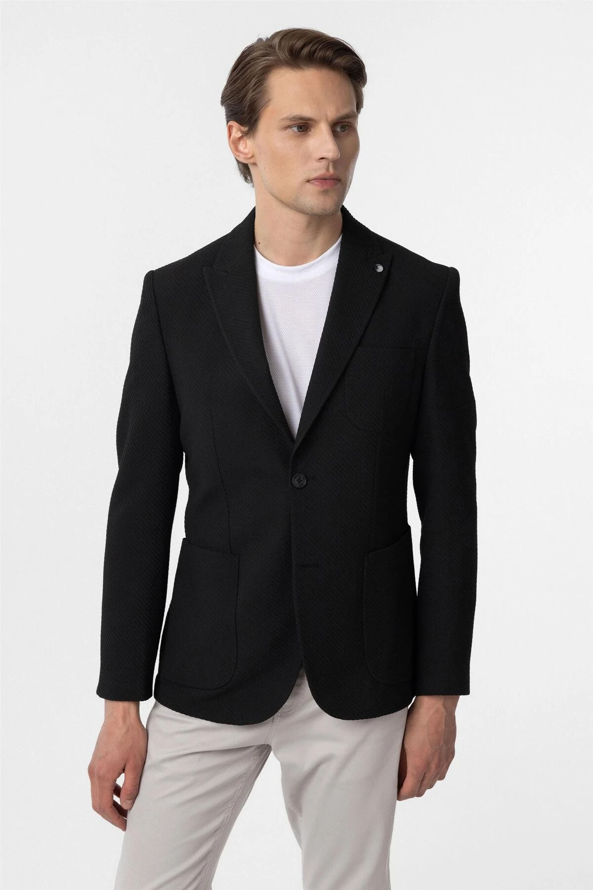 Siyah Slim Fitilli Sivri Yaka 6 Drop Ceket