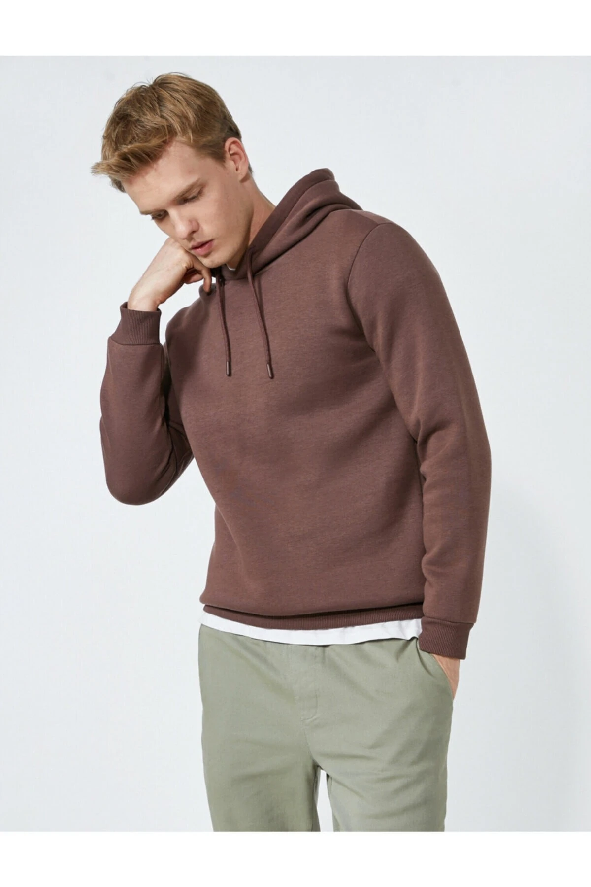 Erkek Deve Tüyü Basic Sweatshirt Kapüşonlu