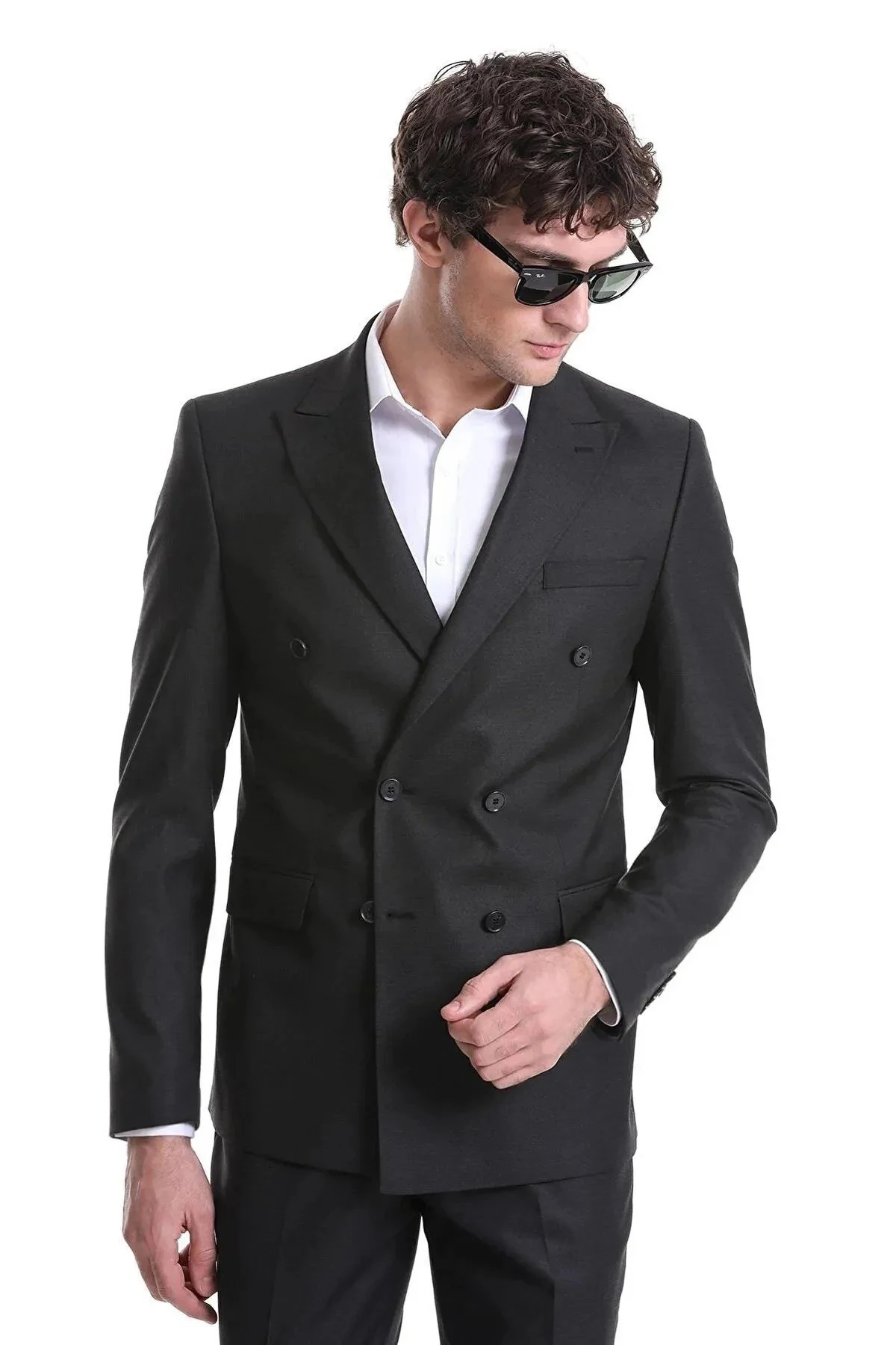 Süvari Dar Kesim Siyah Düz Kruvaze Takım Elbise