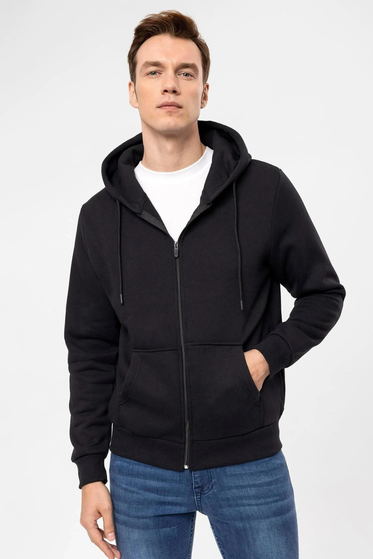 Süvari Kapüşonlu Fermuarlı Yaka Regular Kalıp Düz Lacivert Sweatshirt