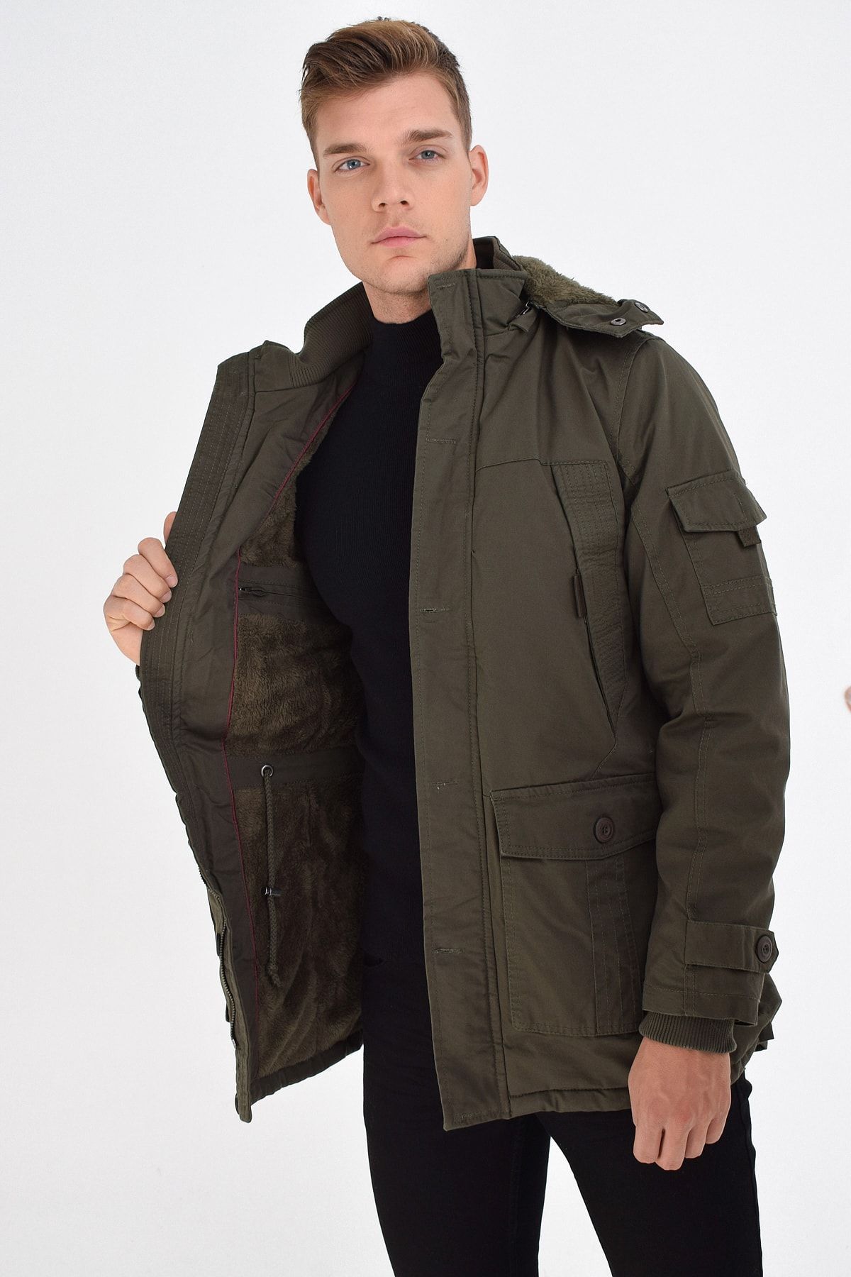 Erkek Askeri Yeşil Büyük Beden Su Geçirmez Kaplamalı Suni Kürk Astarlı Kalın Kaban