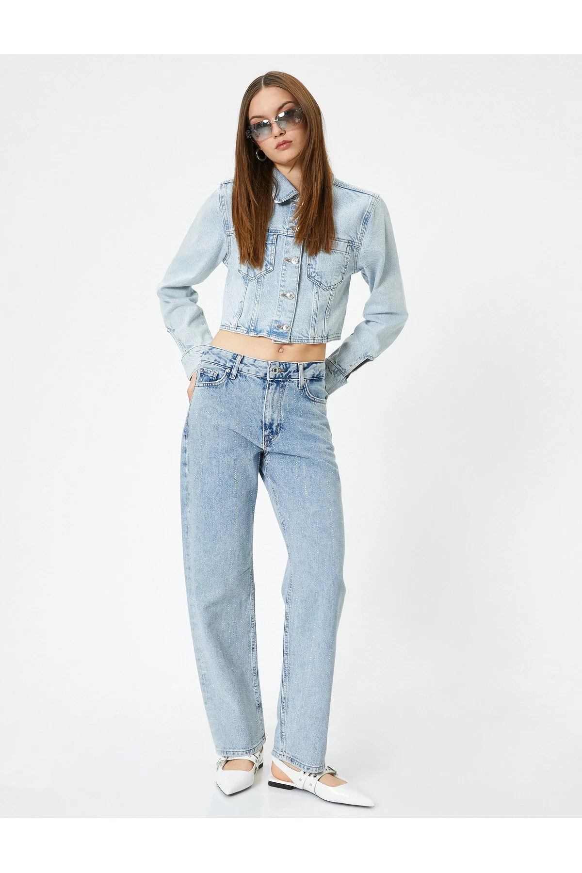 Taşlı Kot Pantolon Düz Paça Cepli - Eve Straight Jeans