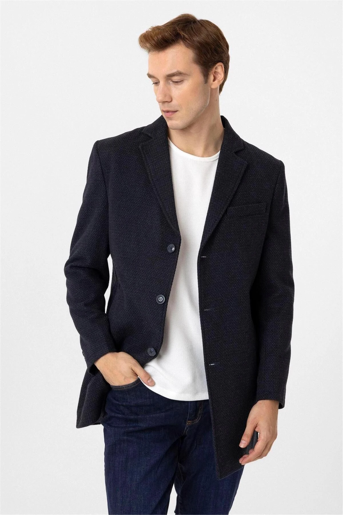 Lacivert Slim Desenli Mono Yaka Kaban