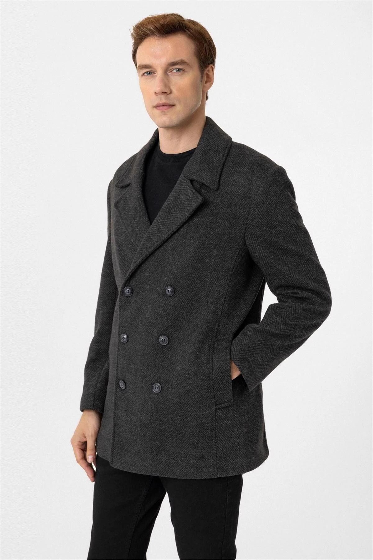 Süvari Slim Balıksırtı Desenli Gri Kruvaze Erkek Kaban