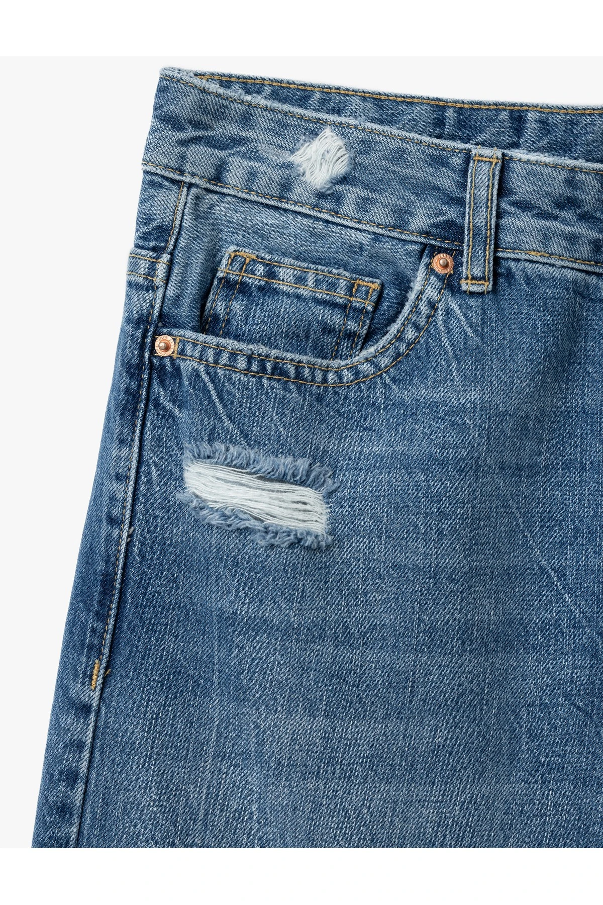 Yüksek Bel Yıpratma Detaylı Pamuklu Denim Pantolon - Straight Jeans