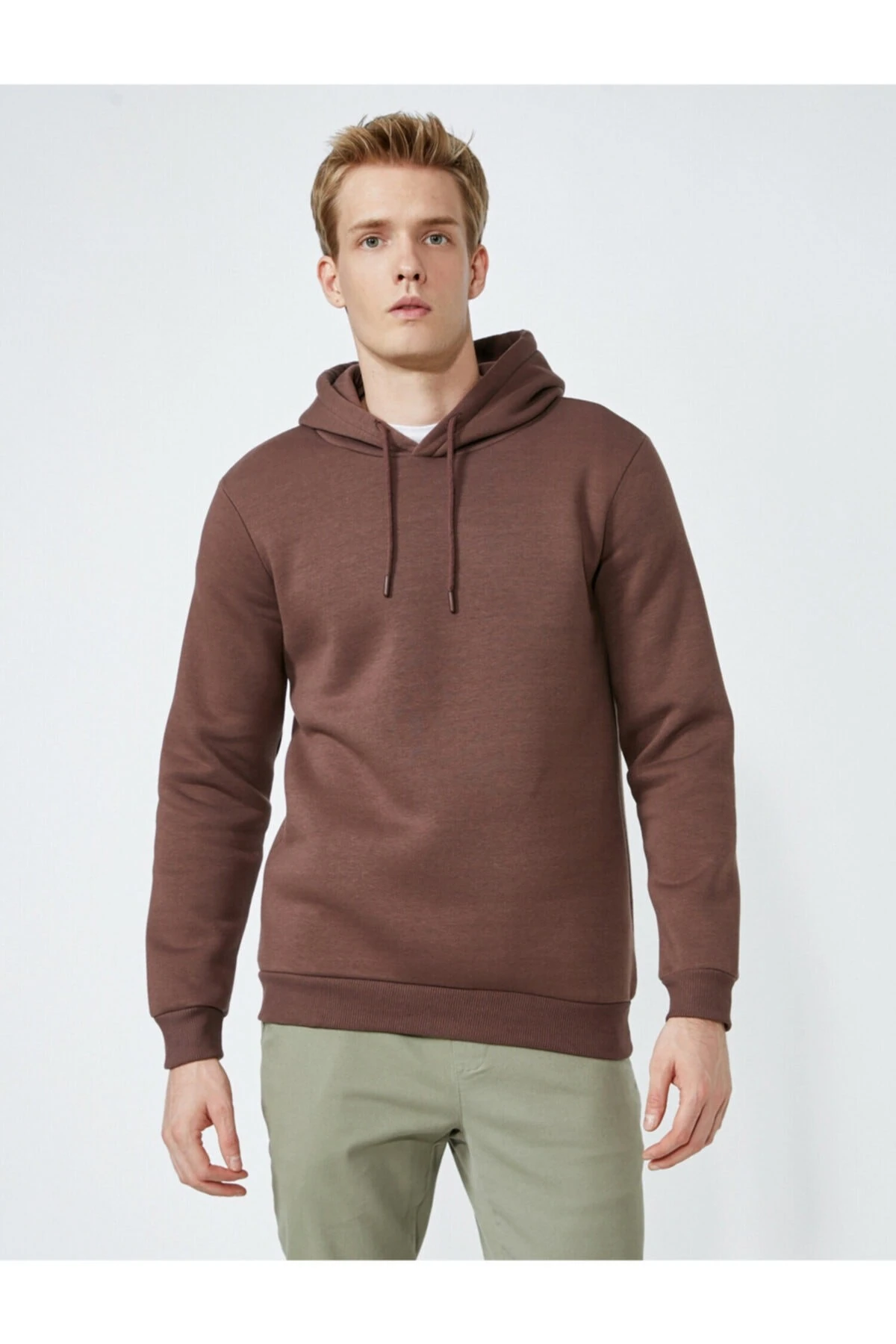Erkek Deve Tüyü Basic Sweatshirt Kapüşonlu