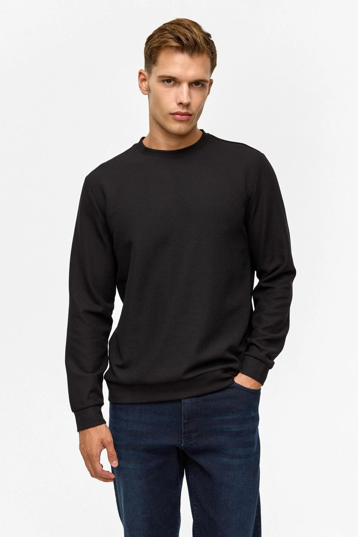 Lacivert Regular Düz Bisiklet Yaka Sweatshirt