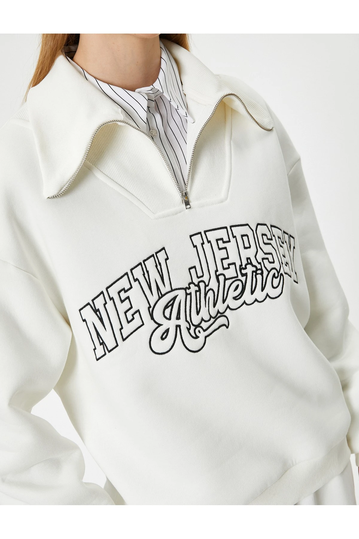 Şardonlu Kolej Sweatshirt Baskılı Yarım Fermuarlı Relax Fit İşlemeli Ribanalı