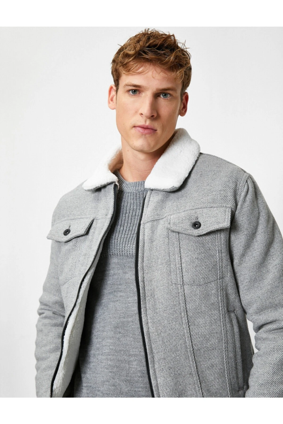 Suni Kürk Detaylı Fermuarlı Cepli Ceket