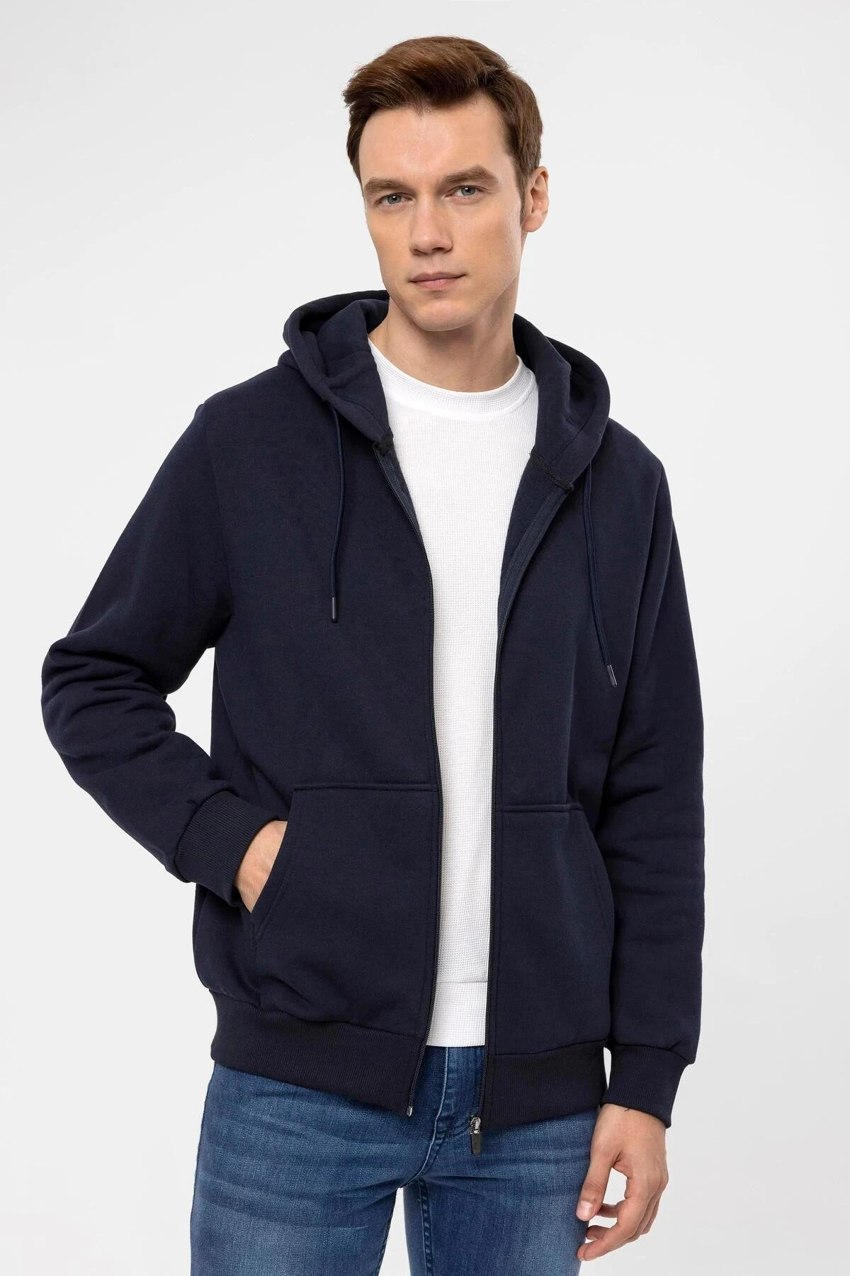 Süvari Kapüşonlu Fermuarlı Yaka Regular Kalıp Düz Lacivert Sweatshirt