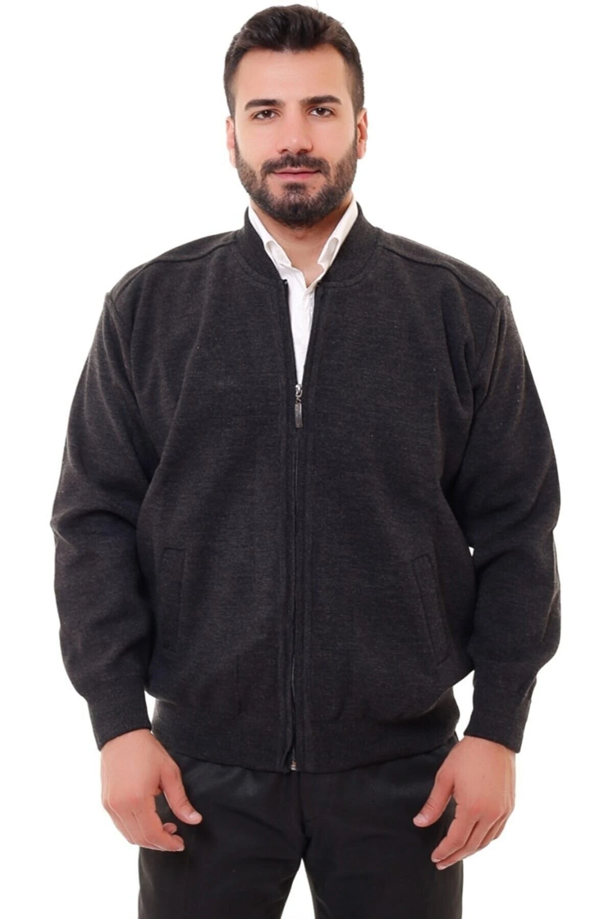 Astarlı Çelik Örme Casual Rahat Kalıp Hırka Mont Antrasit