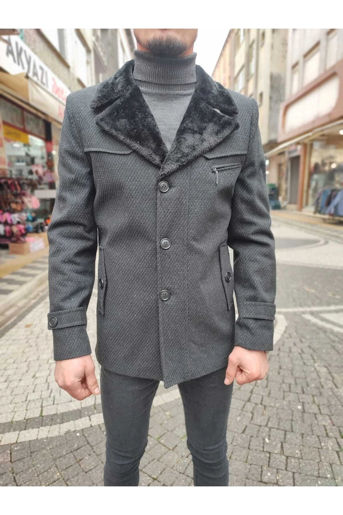 Retro Cep Ve Fermuar Detaylı Kürklü Yaka Kaşe Kaban Palto Gri