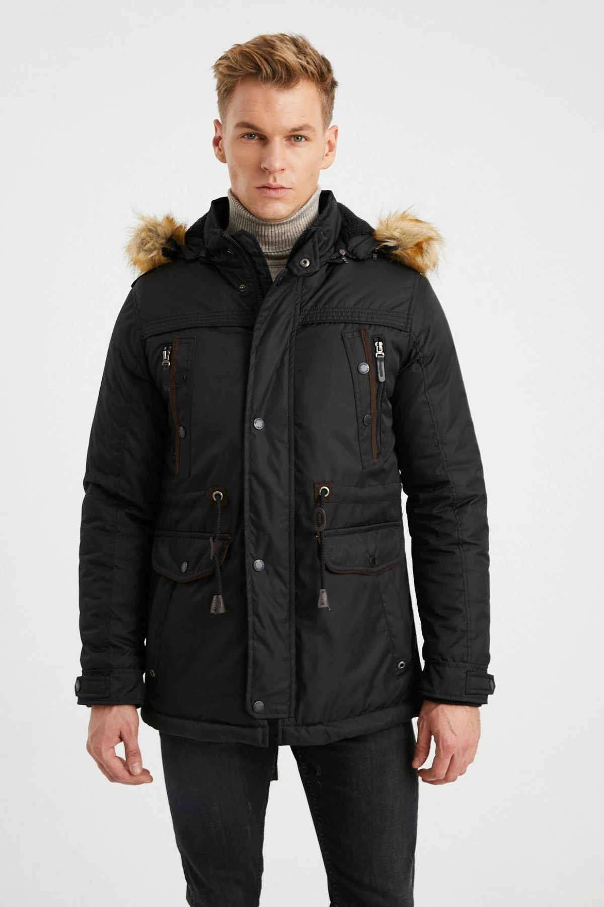 Erkek Siyah Kapüşonlu Kürk Astarlı Su Geçirmez Kalın Kaban