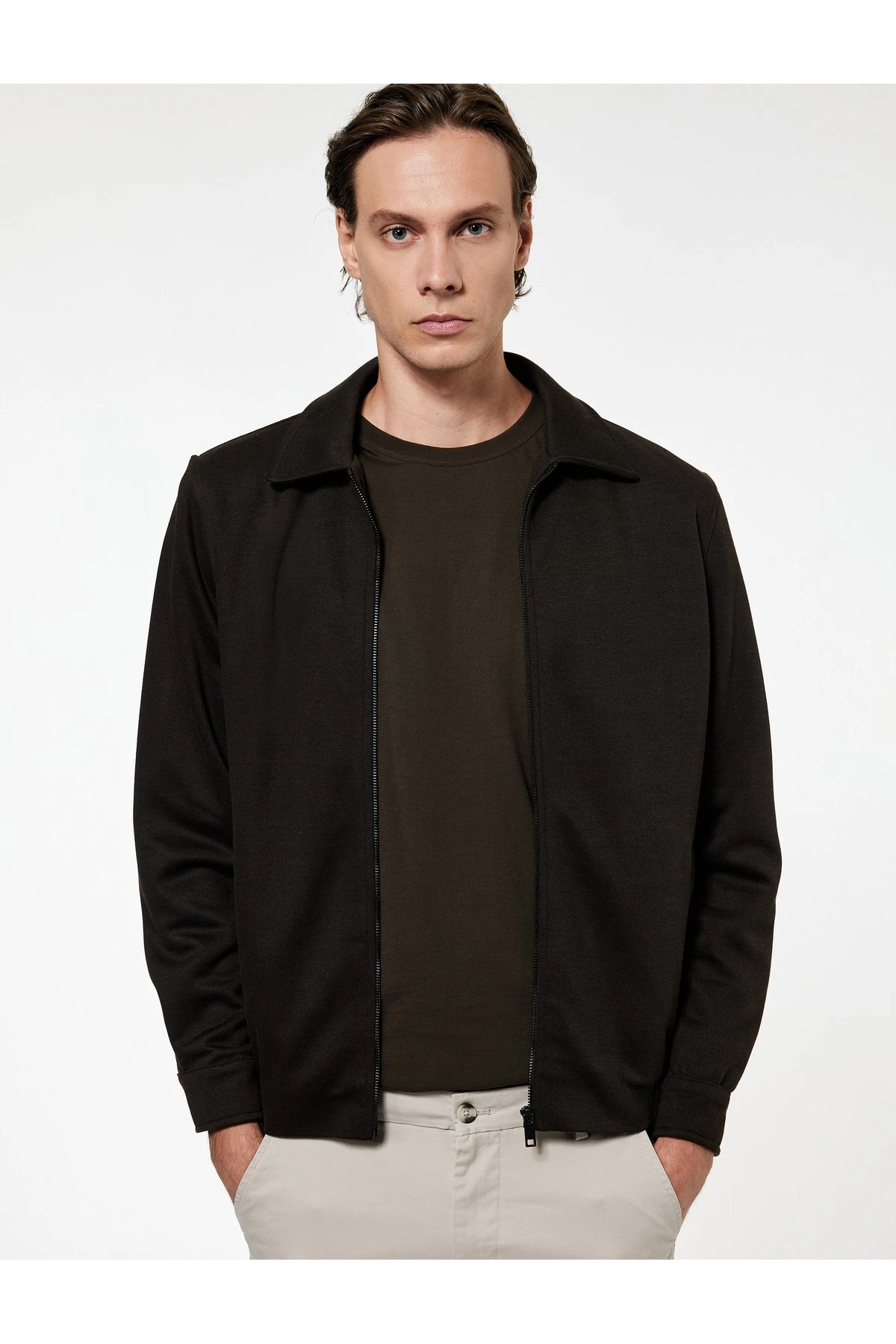 Viskon Karışımlı Cep Detaylı Fermuarlı Gömlek Yaka Mevsimlik Ceket