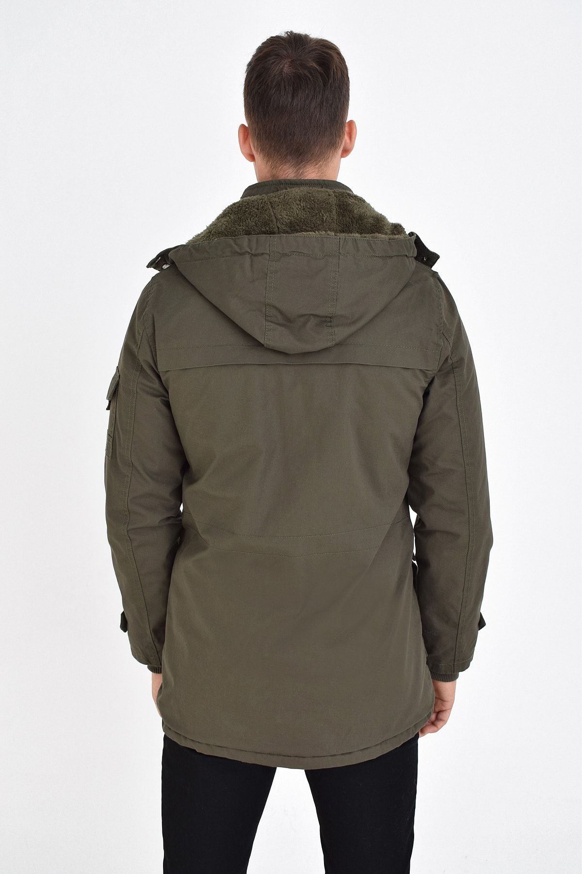 Erkek Askeri Yeşil Büyük Beden Su Geçirmez Kaplamalı Suni Kürk Astarlı Kalın Kaban
