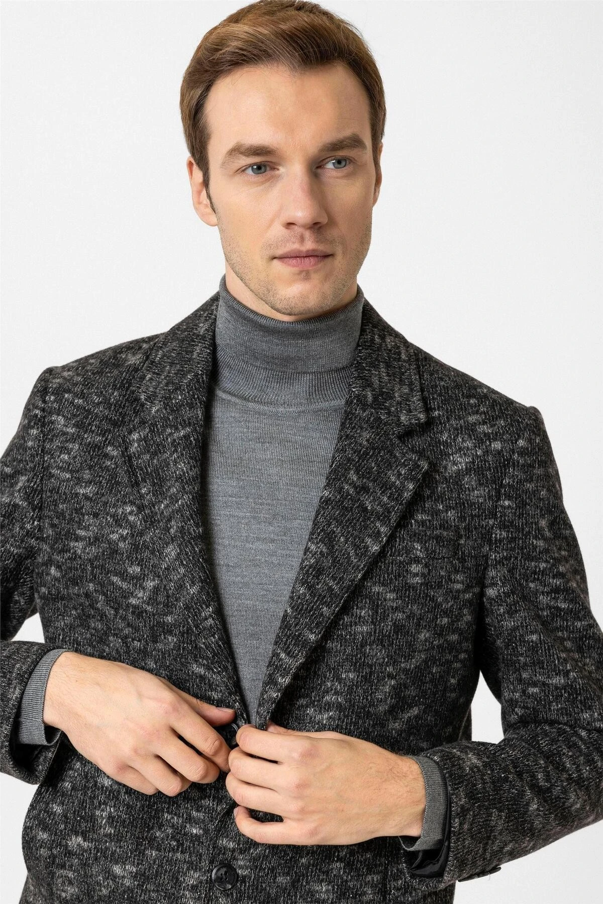 Antrasit Slim Desenli Mono Yaka Kaban