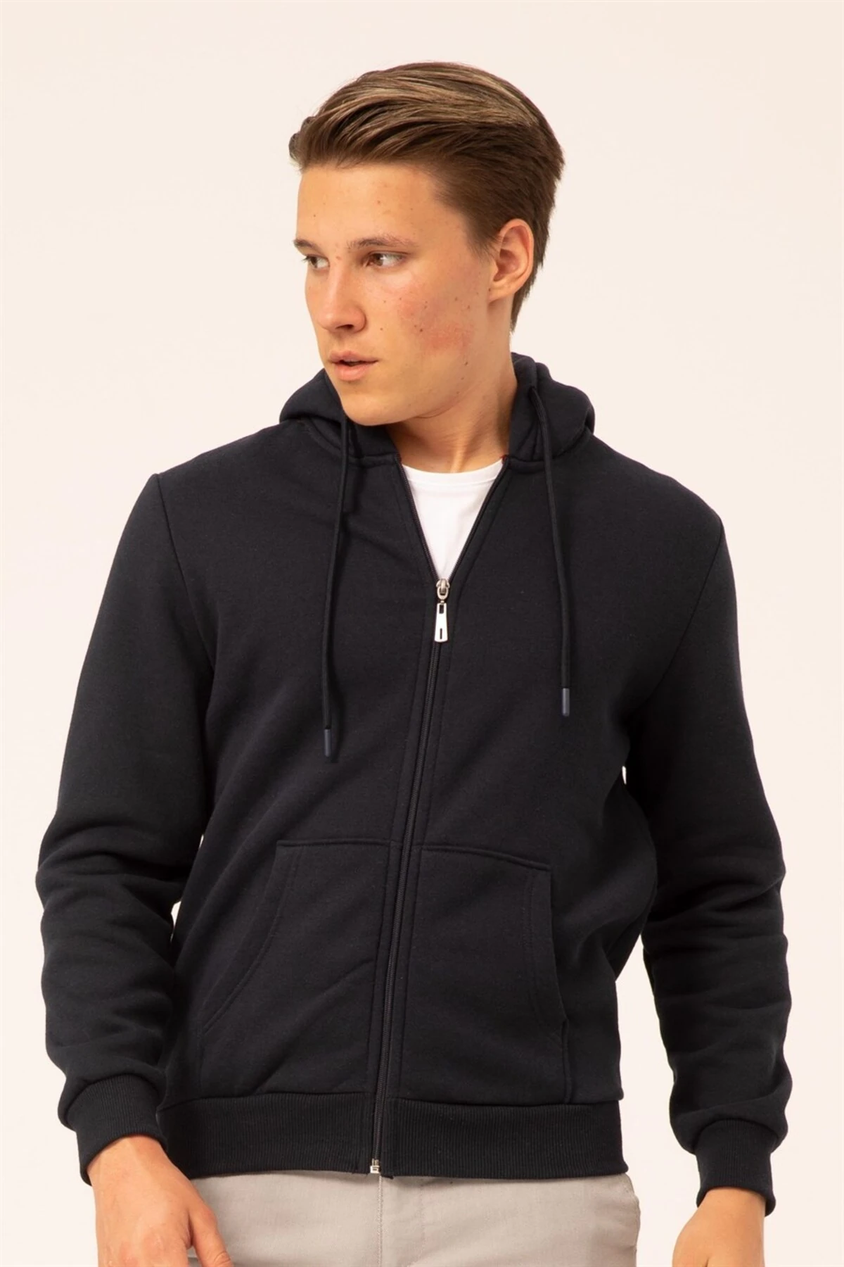 Süvari 3 Iplik Kapşonlu Fermuarlı Siyah Sweatshirt