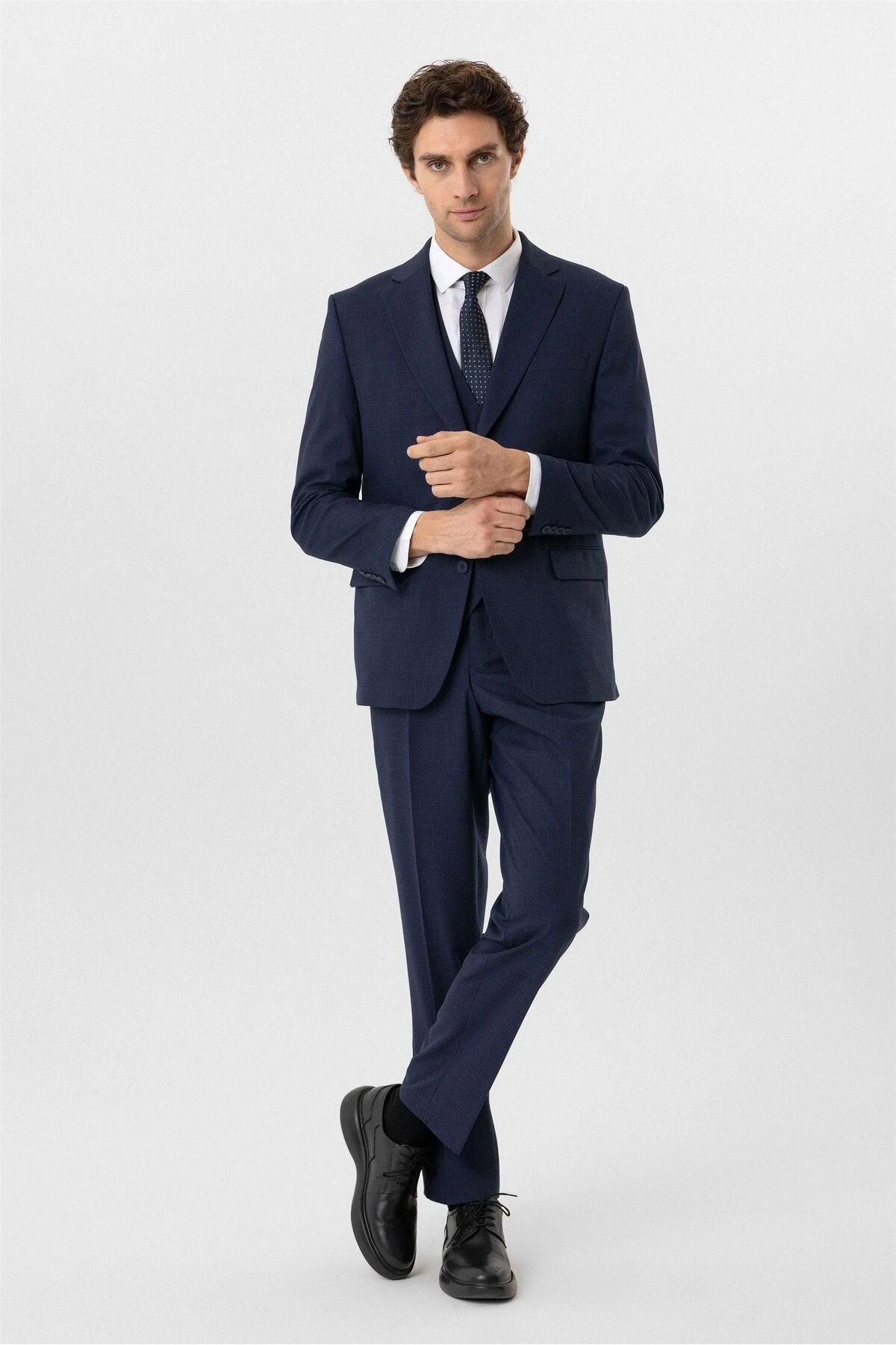 Lacivert Regular Desenli Mono Yaka 4 Drop Yelekli Klasik Takım Elbise