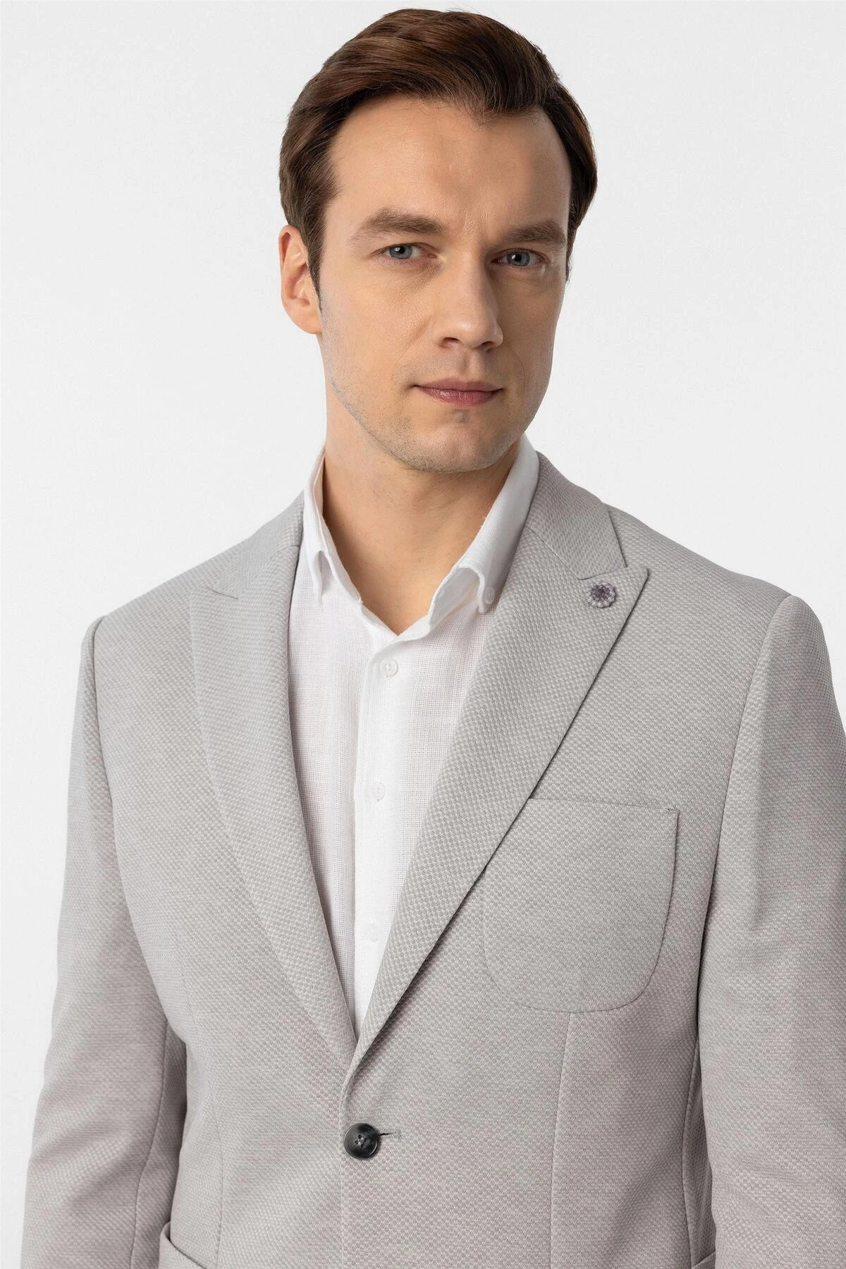 Gri Slim Fit Armürlü Sivri Yaka 6 Drop Ceket