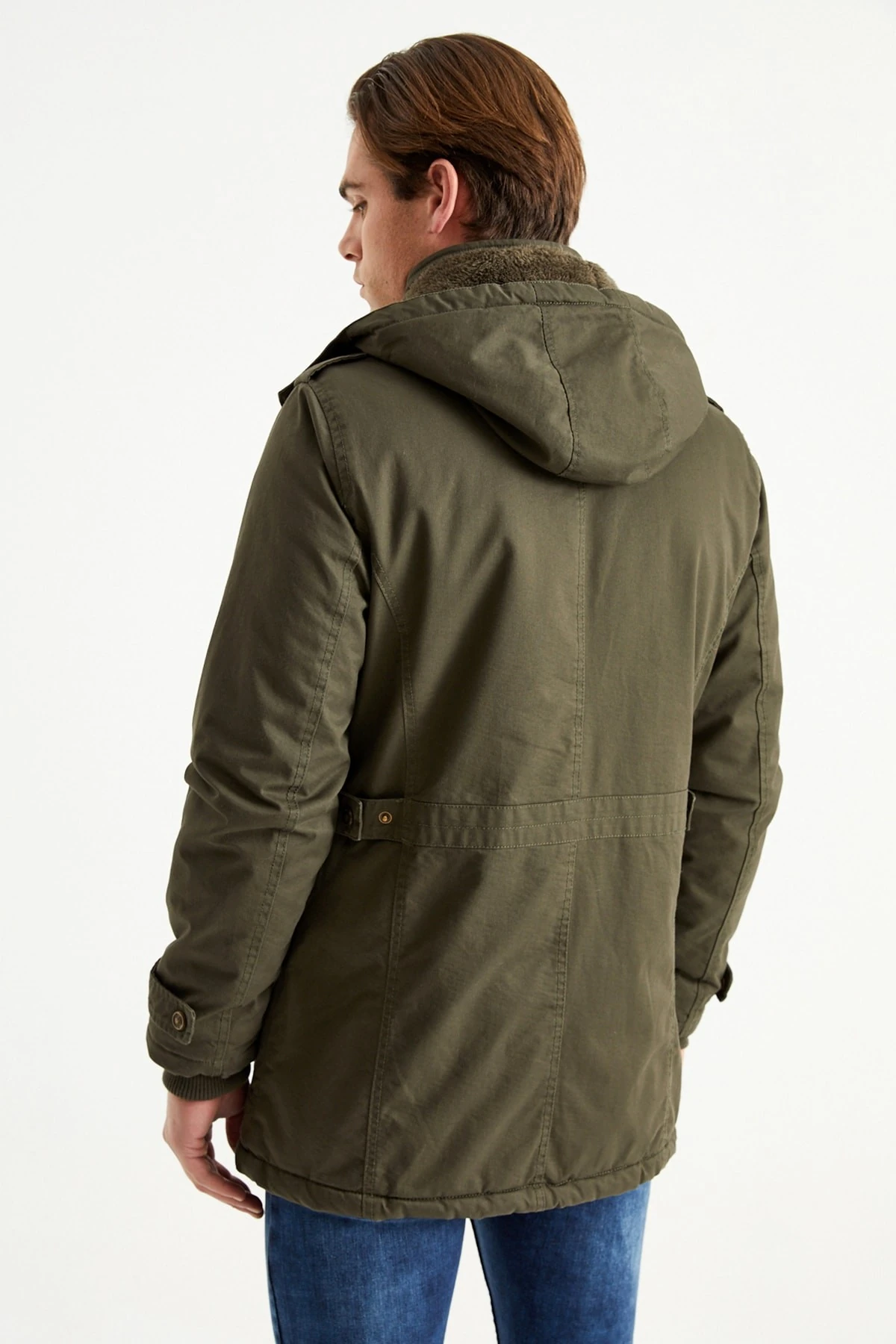 Erkek Askeri Yeşil Büyük Beden Kapüşonlu Kürk Astarlı Su Geçirmez Kalın Kaban