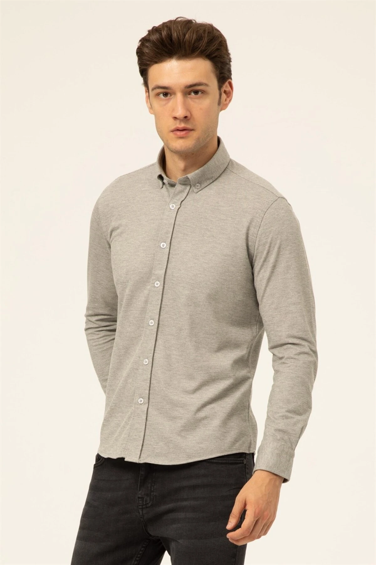 Süvari Slim Fit Uzun Kol Jakarlı Örme Bej Erkek Gömlek