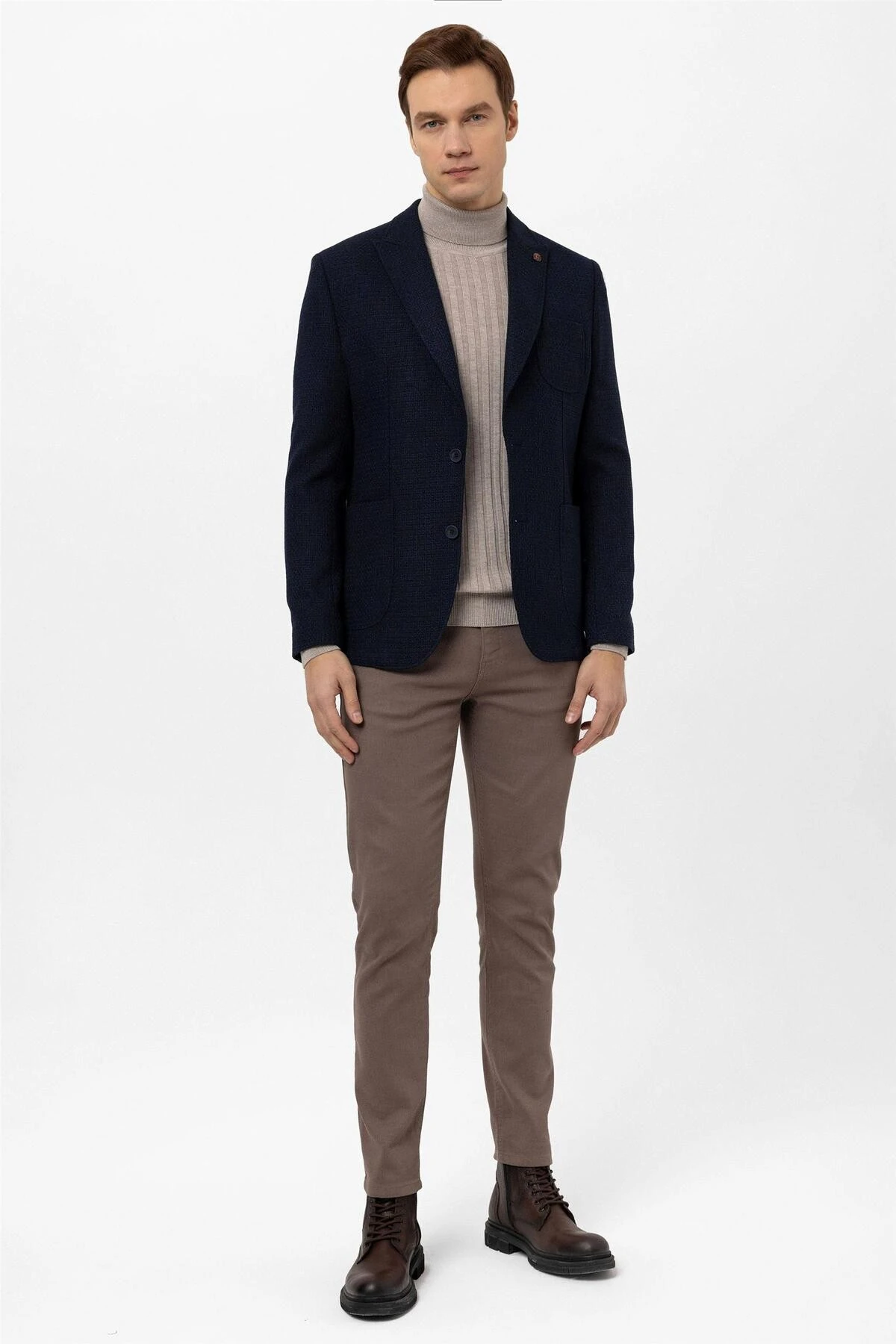 Lacivert Slim Fit Armürlü Sivri Yaka 6 Drop Ceket