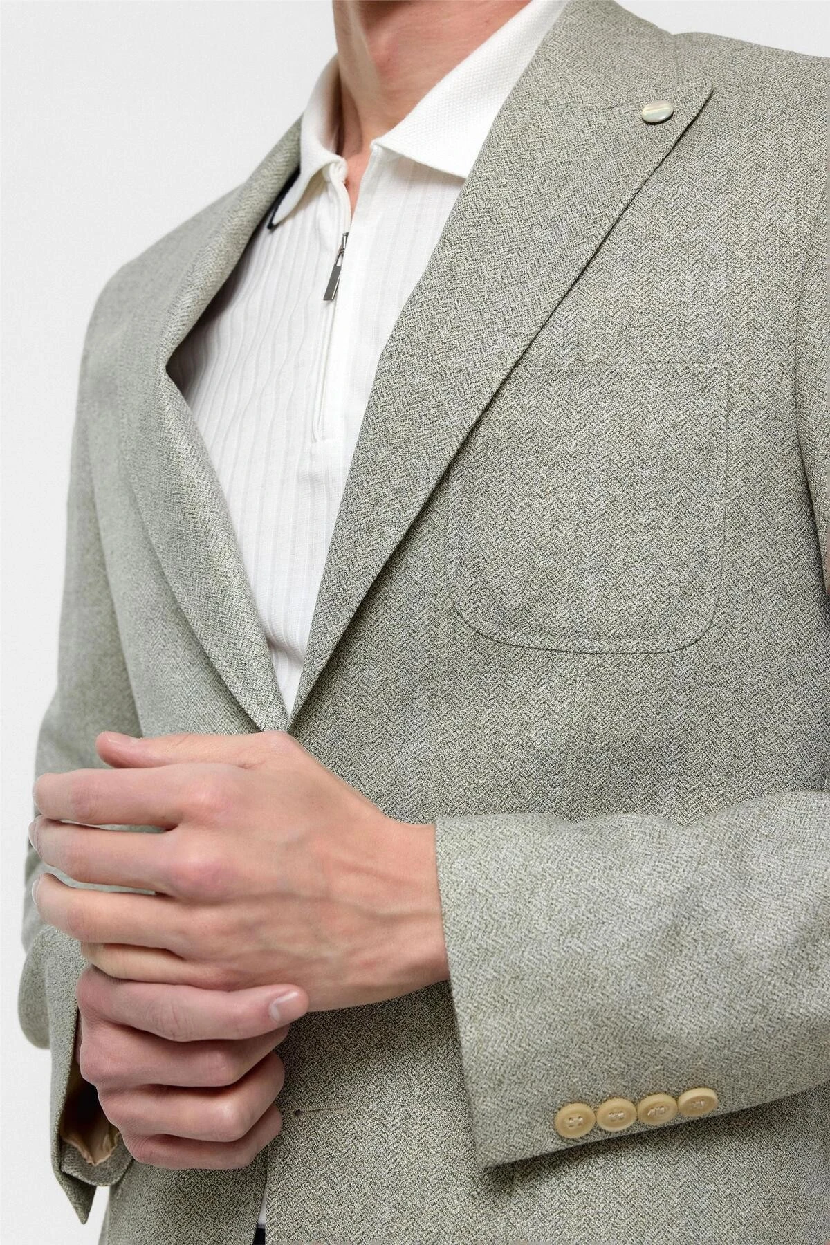 Su Yeşili Slim Fit Desenli Sivri Yaka 6 Drop Ceket