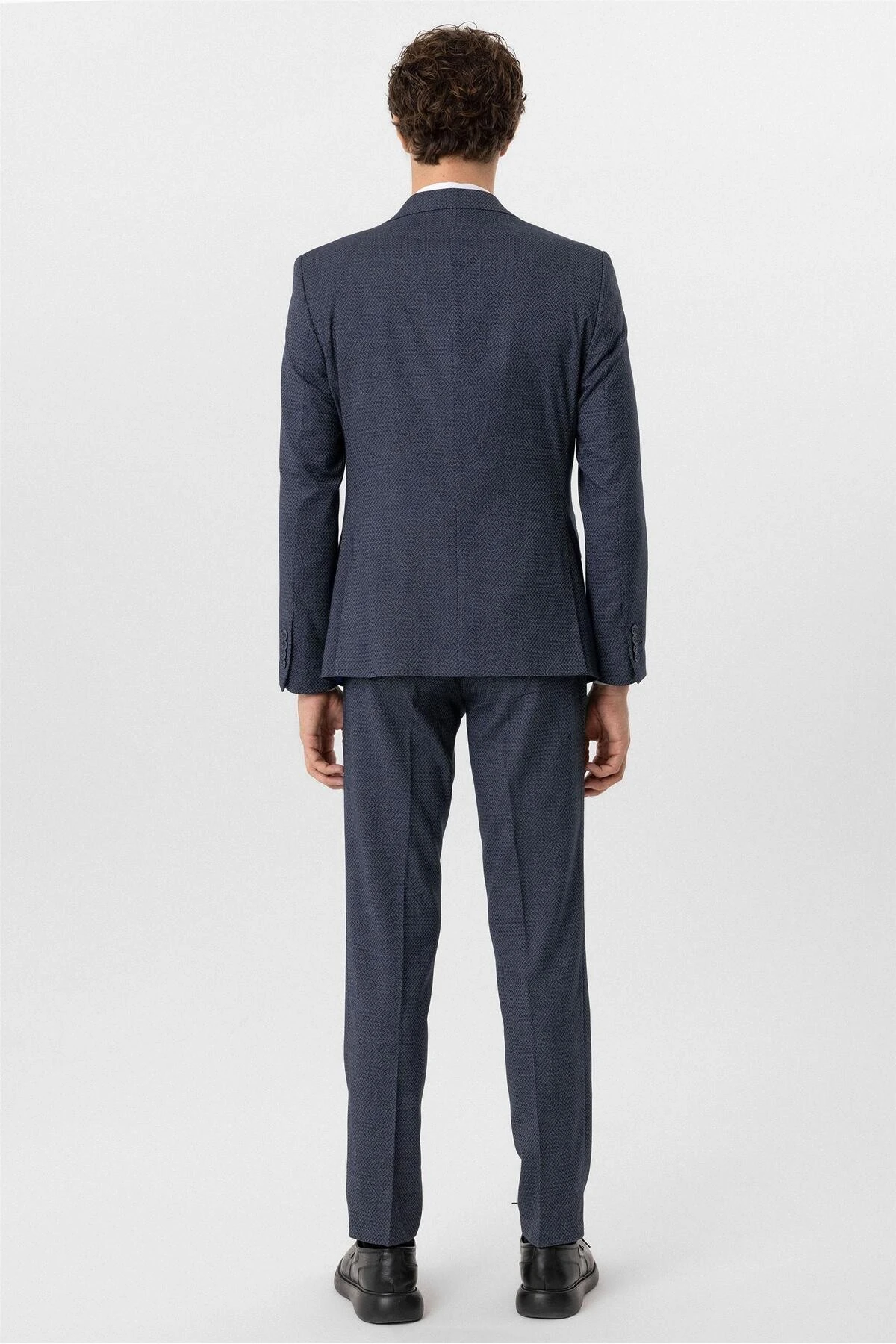 Lacivert Slim Fit Desenli Sivri Yaka 6 Drop Yelekli Klasik Takım Elbise