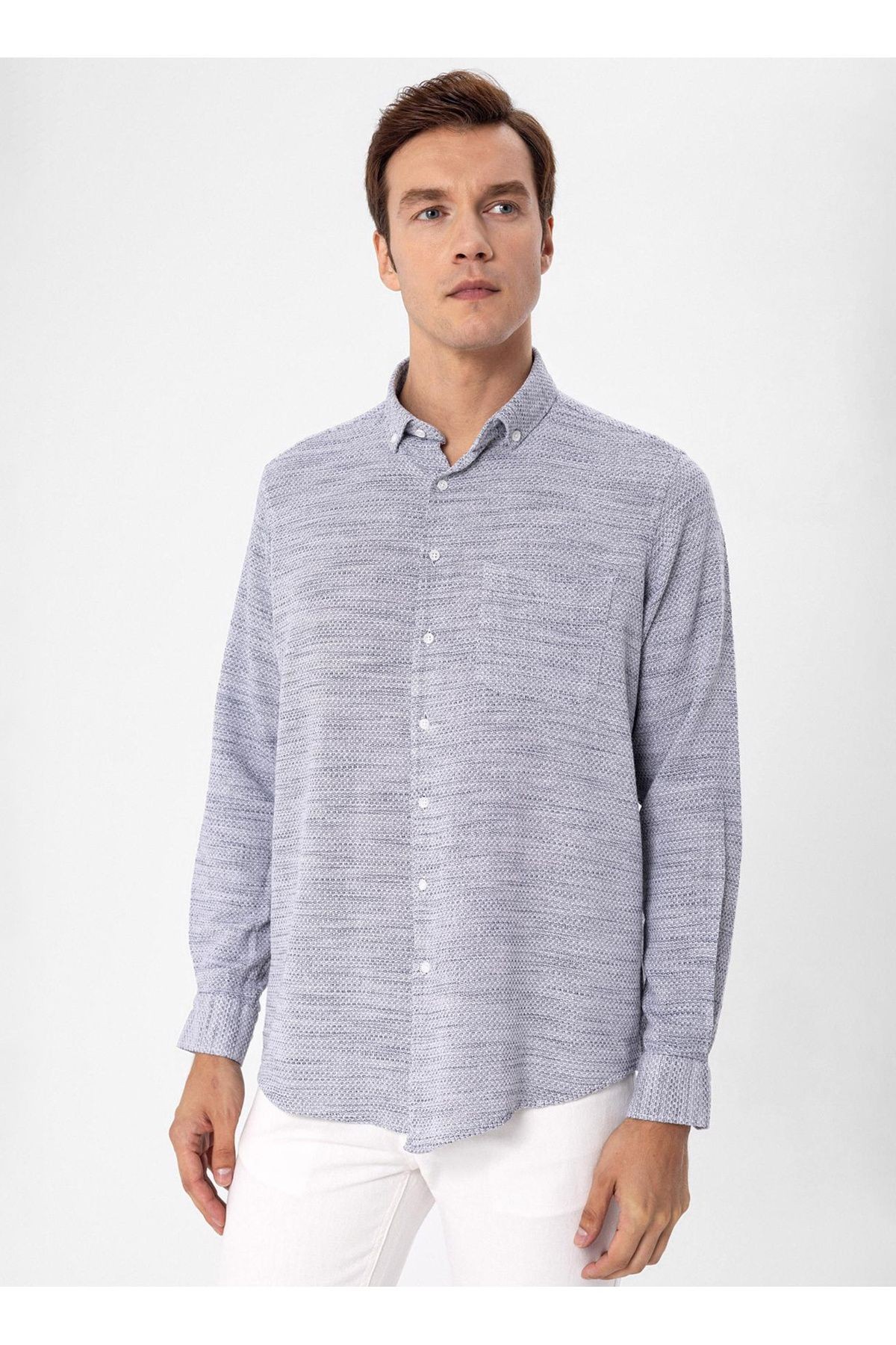 Süvari Regular Fit Düğmeli Yaka Düz Lacivert Erkek Gömlek GM1008300078