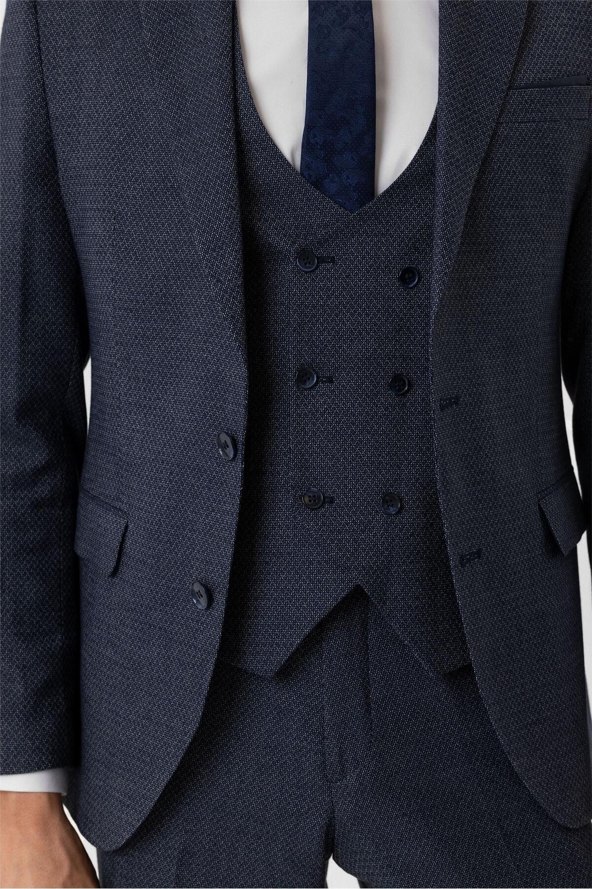 Lacivert Slim Fit Desenli Sivri Yaka 6 Drop Yelekli Klasik Takım Elbise