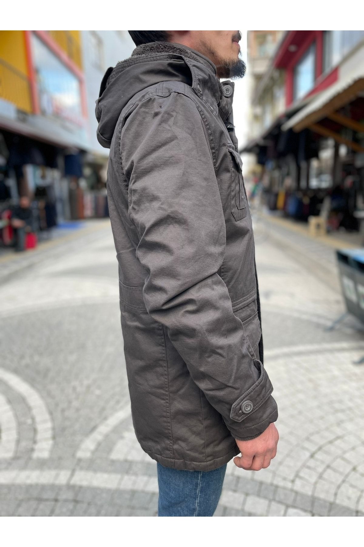 Içi Polarlı Suya Dayanıklı Kanvas Kumaş Çıkarılabilir Kapüşonlu Parka Kaban Kahverengi Vizon